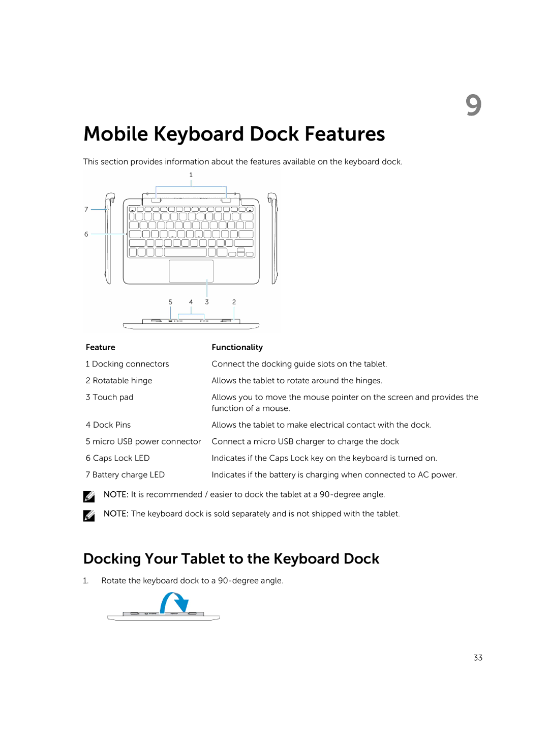 Dell T06G manual Mobile Keyboard Dock Features, Docking Your Tablet to the Keyboard Dock 