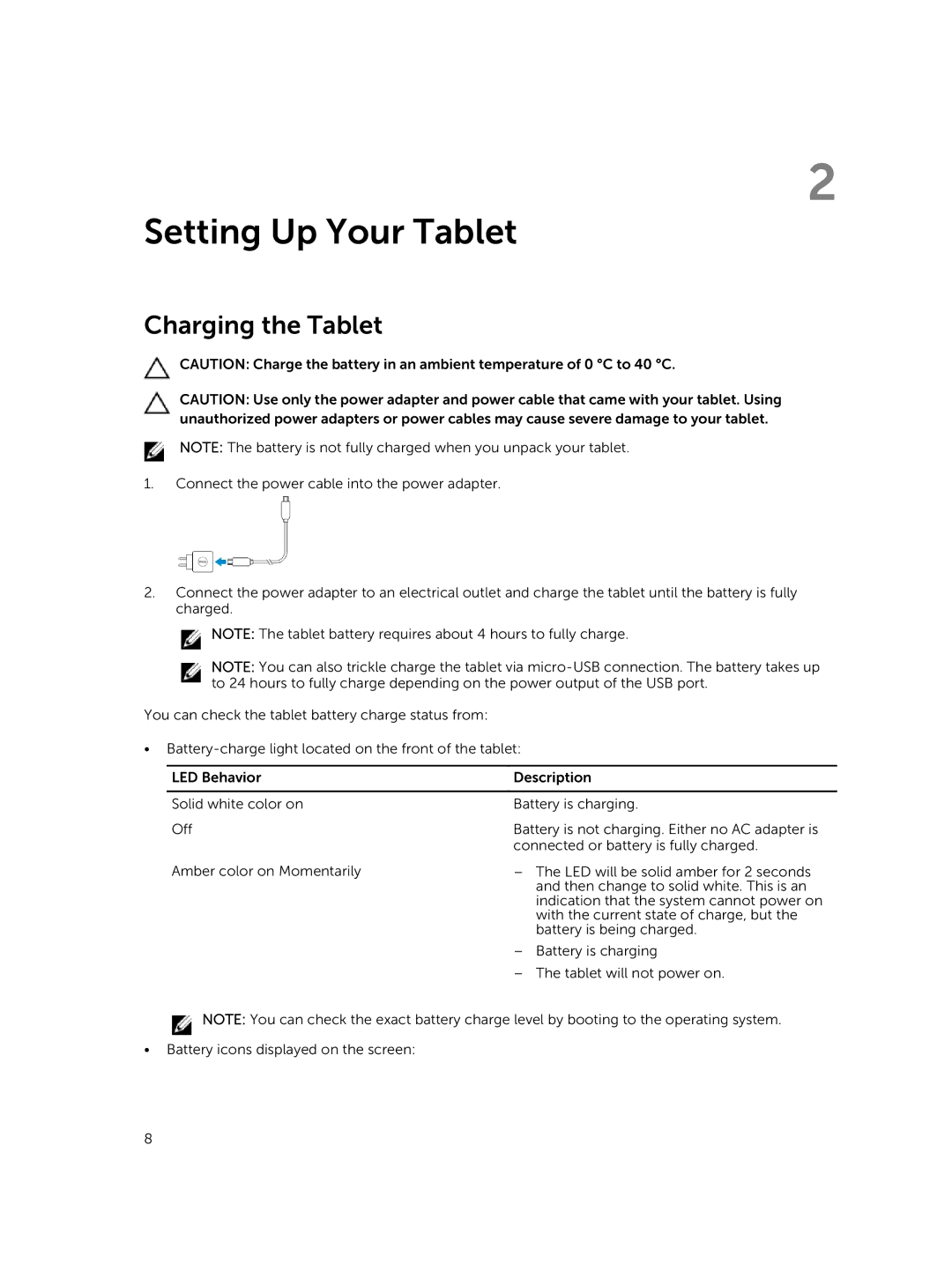 Dell T06G manual Setting Up Your Tablet, Charging the Tablet 