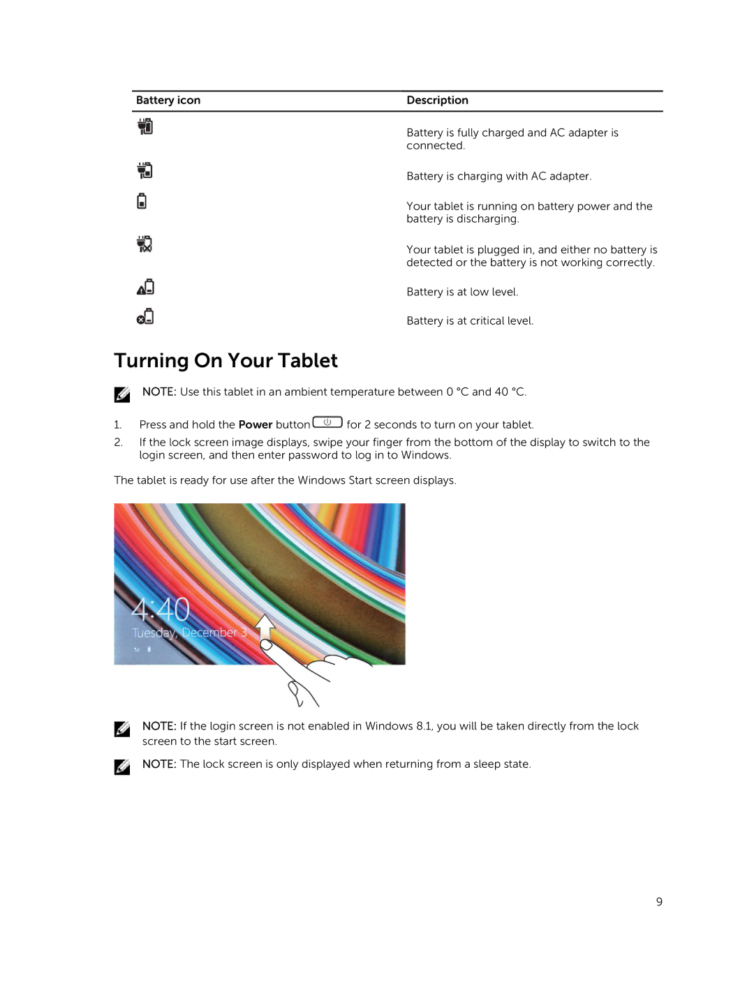 Dell T06G manual Turning On Your Tablet 