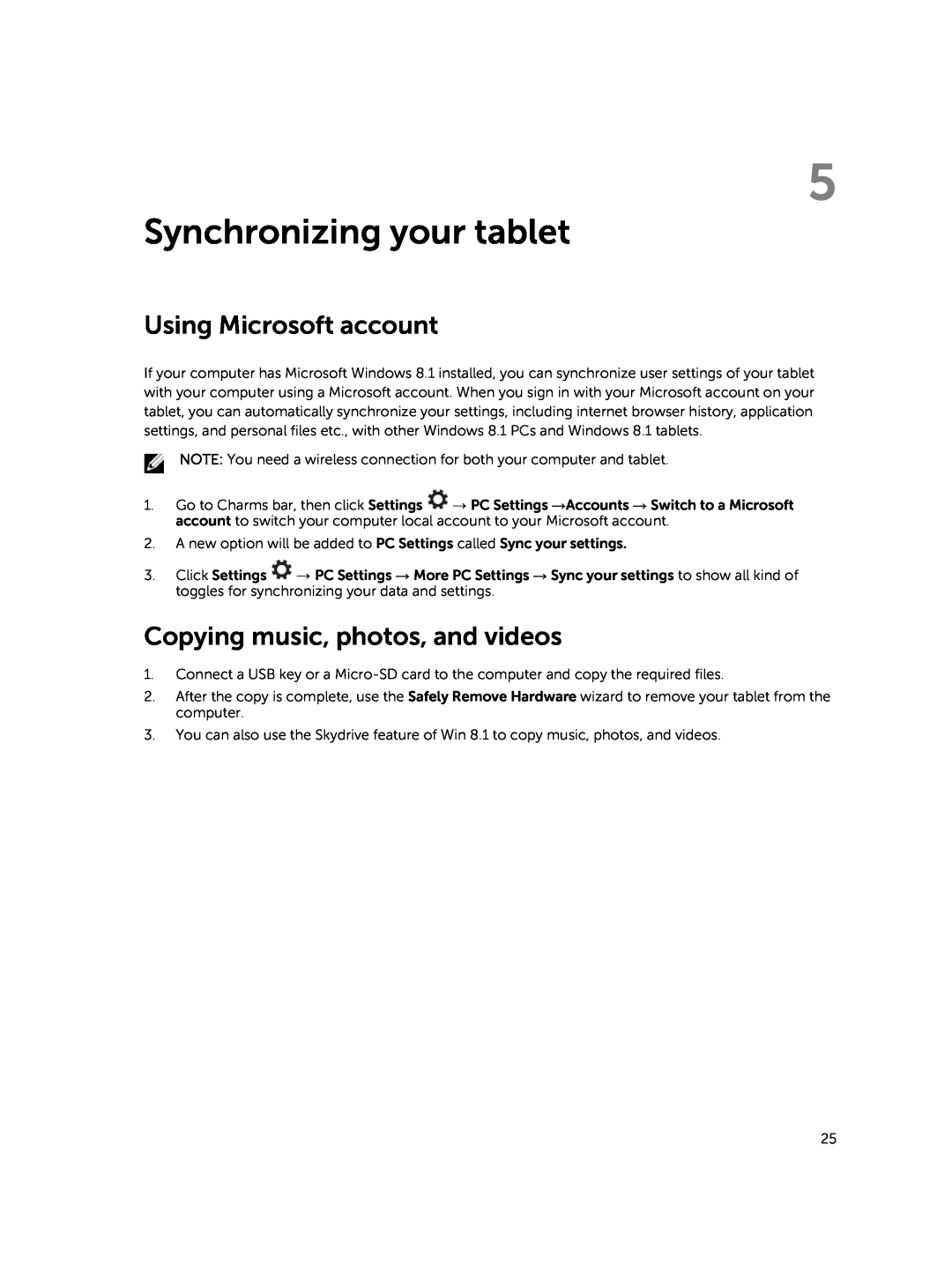 Dell T06G manual Synchronizing your tablet, Using Microsoft account, Copying music, photos, and videos 