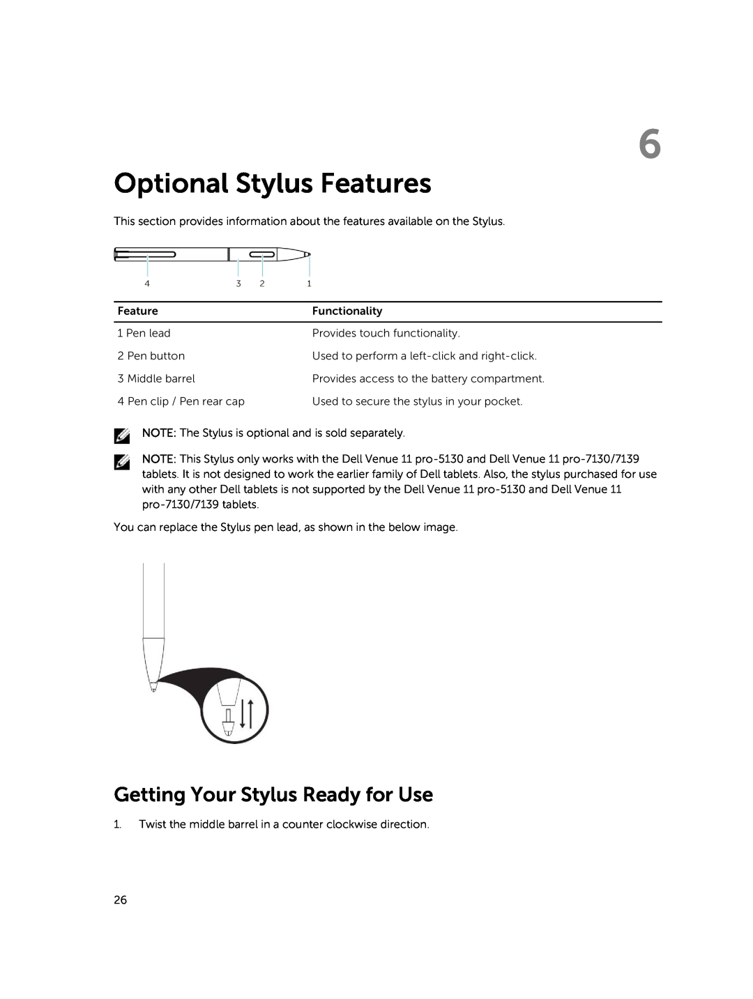 Dell T06G manual Optional Stylus Features, Getting Your Stylus Ready for Use 