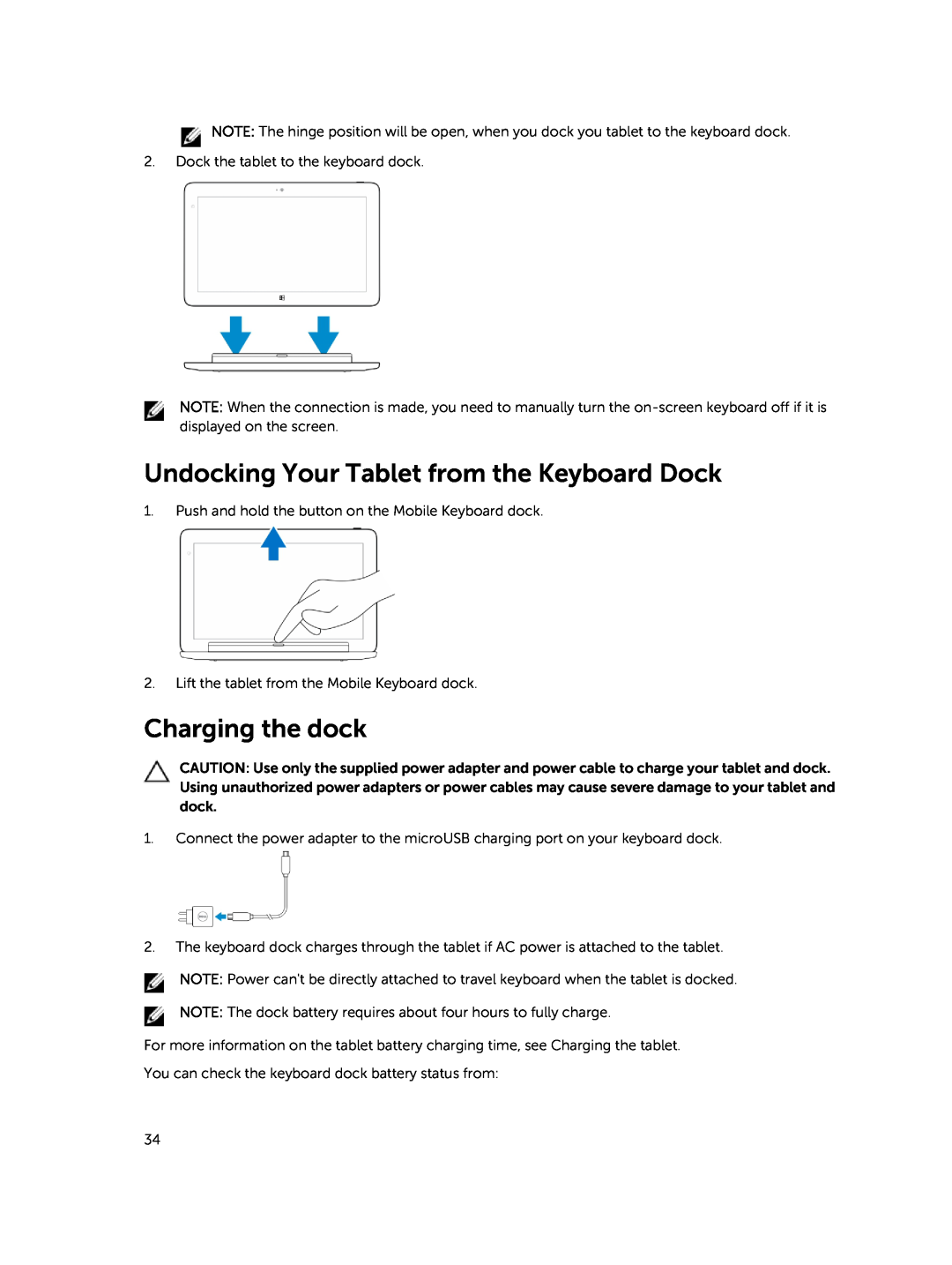 Dell T06G manual Undocking Your Tablet from the Keyboard Dock, Charging the dock 