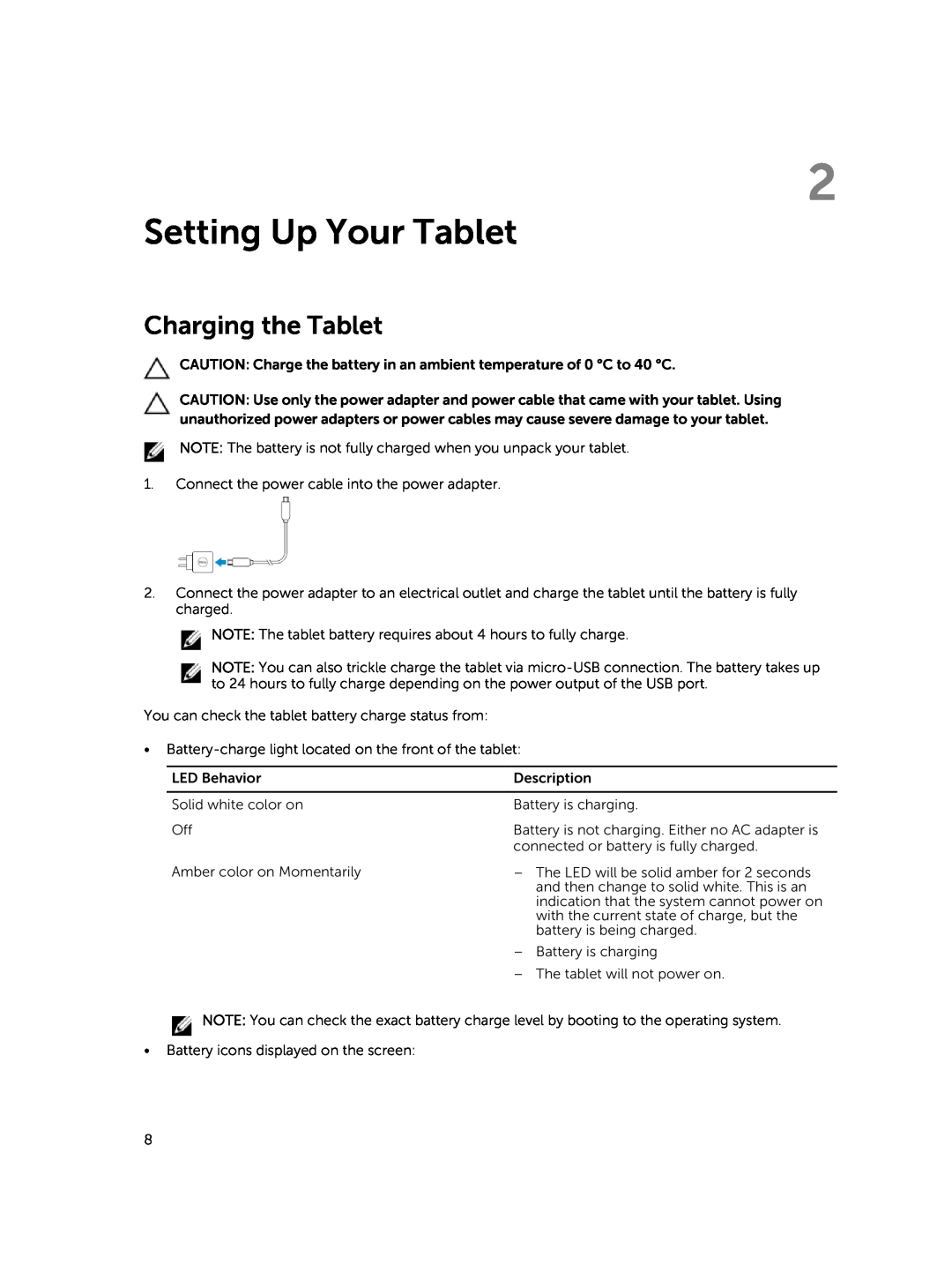 Dell T06G manual Setting Up Your Tablet, Charging the Tablet 