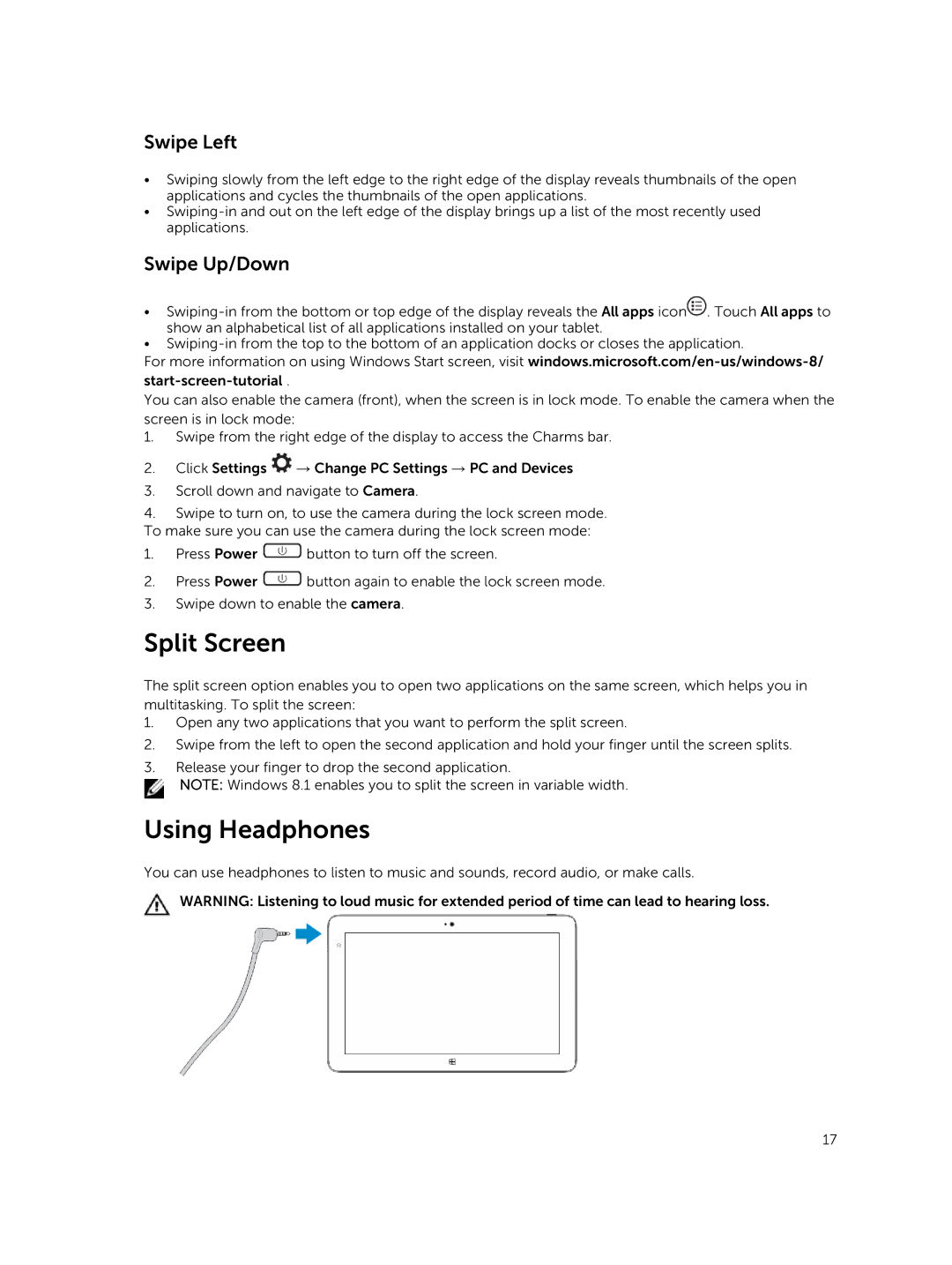 Dell PRO11I6363BLK, T07G manual Split Screen, Using Headphones, Swipe Left, Swipe Up/Down 