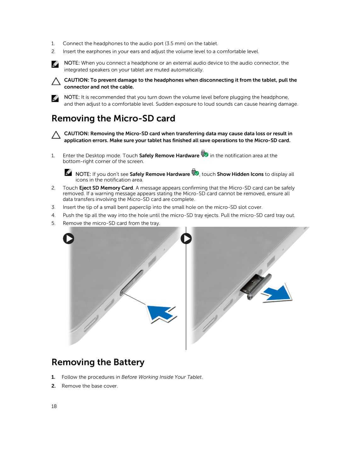 Dell T07G, PRO11I6363BLK manual Removing the Micro-SD card, Removing the Battery 