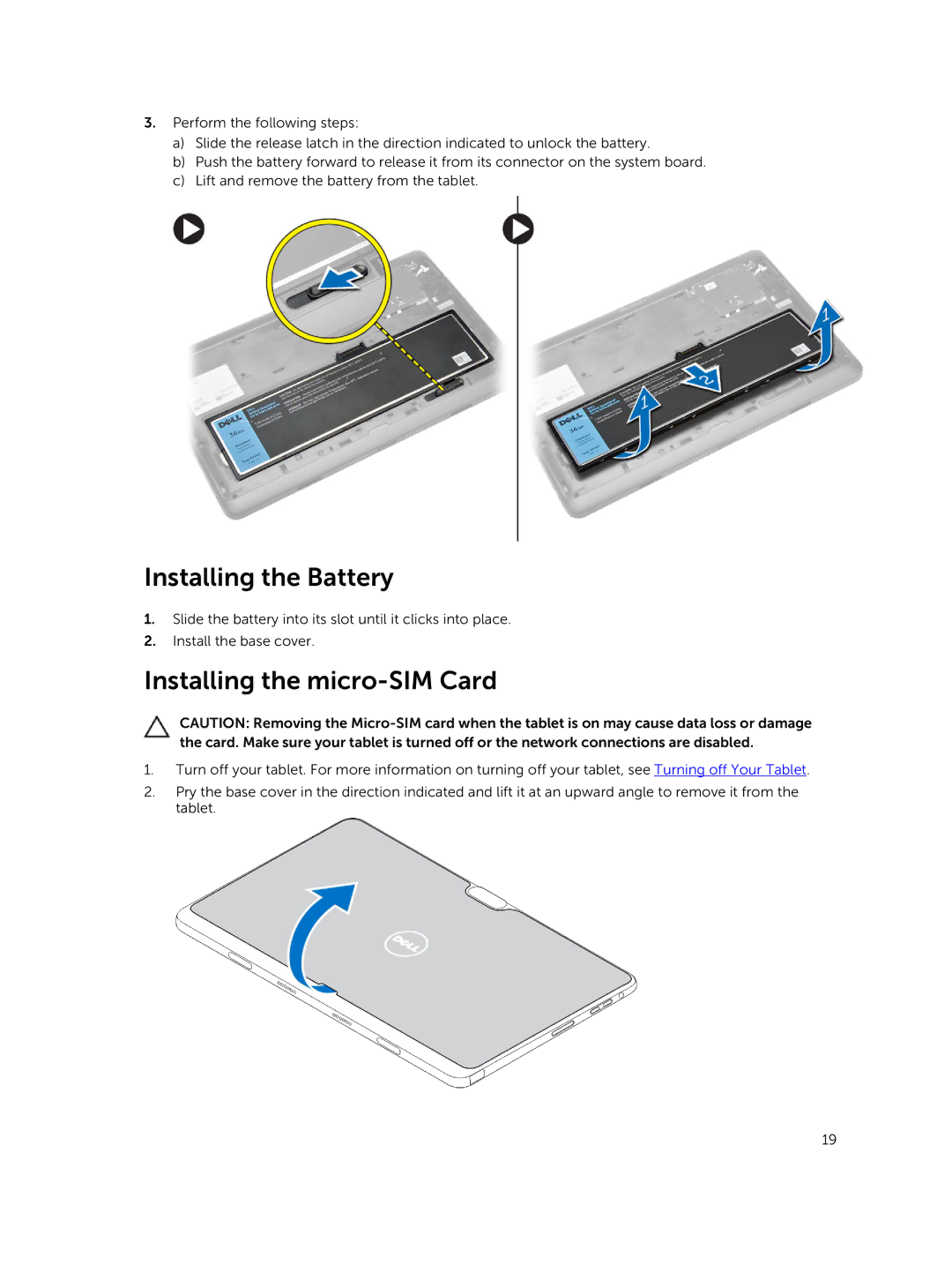 Dell PRO11I6363BLK, T07G manual Installing the Battery, Installing the micro-SIM Card 