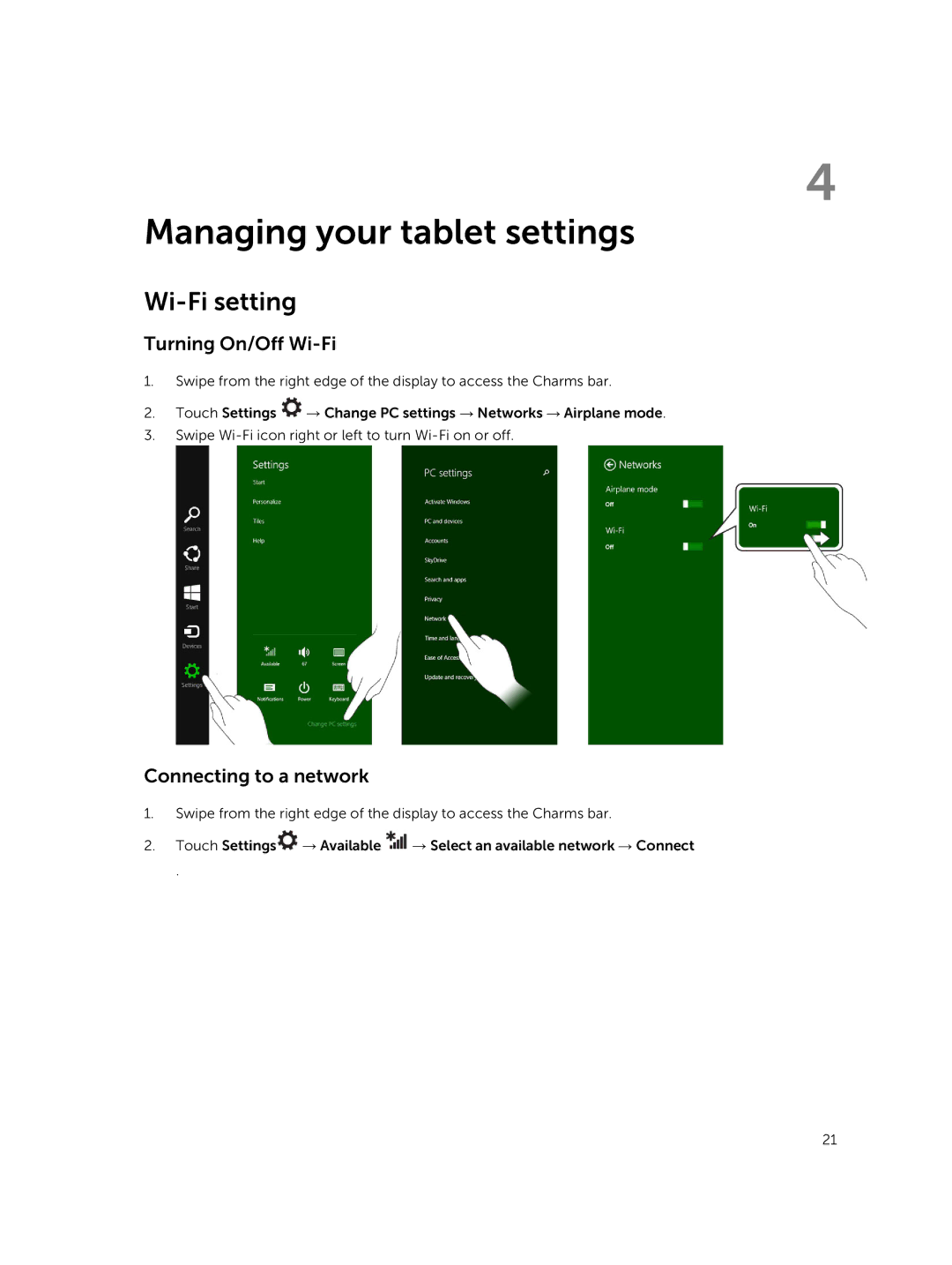 Dell PRO11I6363BLK, T07G manual Managing your tablet settings, Wi-Fi setting, Turning On/Off Wi-Fi, Connecting to a network 