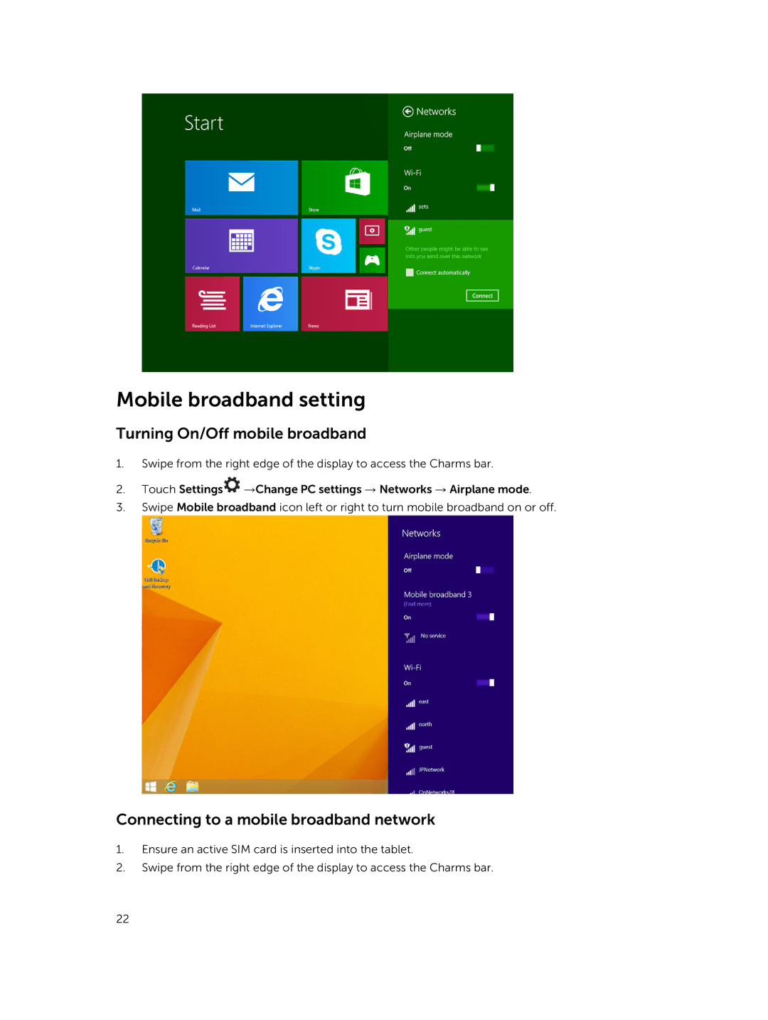 Dell T07G manual Mobile broadband setting, Turning On/Off mobile broadband, Connecting to a mobile broadband network 