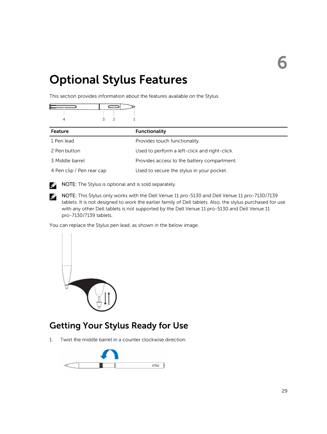 Dell PRO11I6363BLK, T07G manual Optional Stylus Features, Getting Your Stylus Ready for Use 