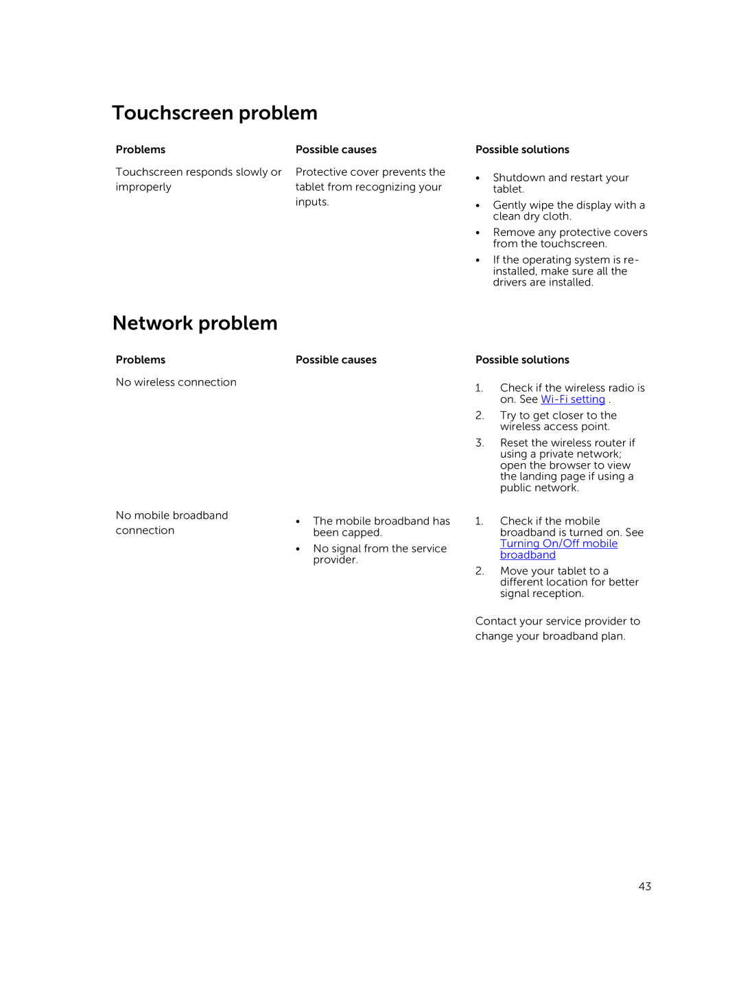 Dell PRO11I6363BLK, T07G manual Touchscreen problem, Network problem 