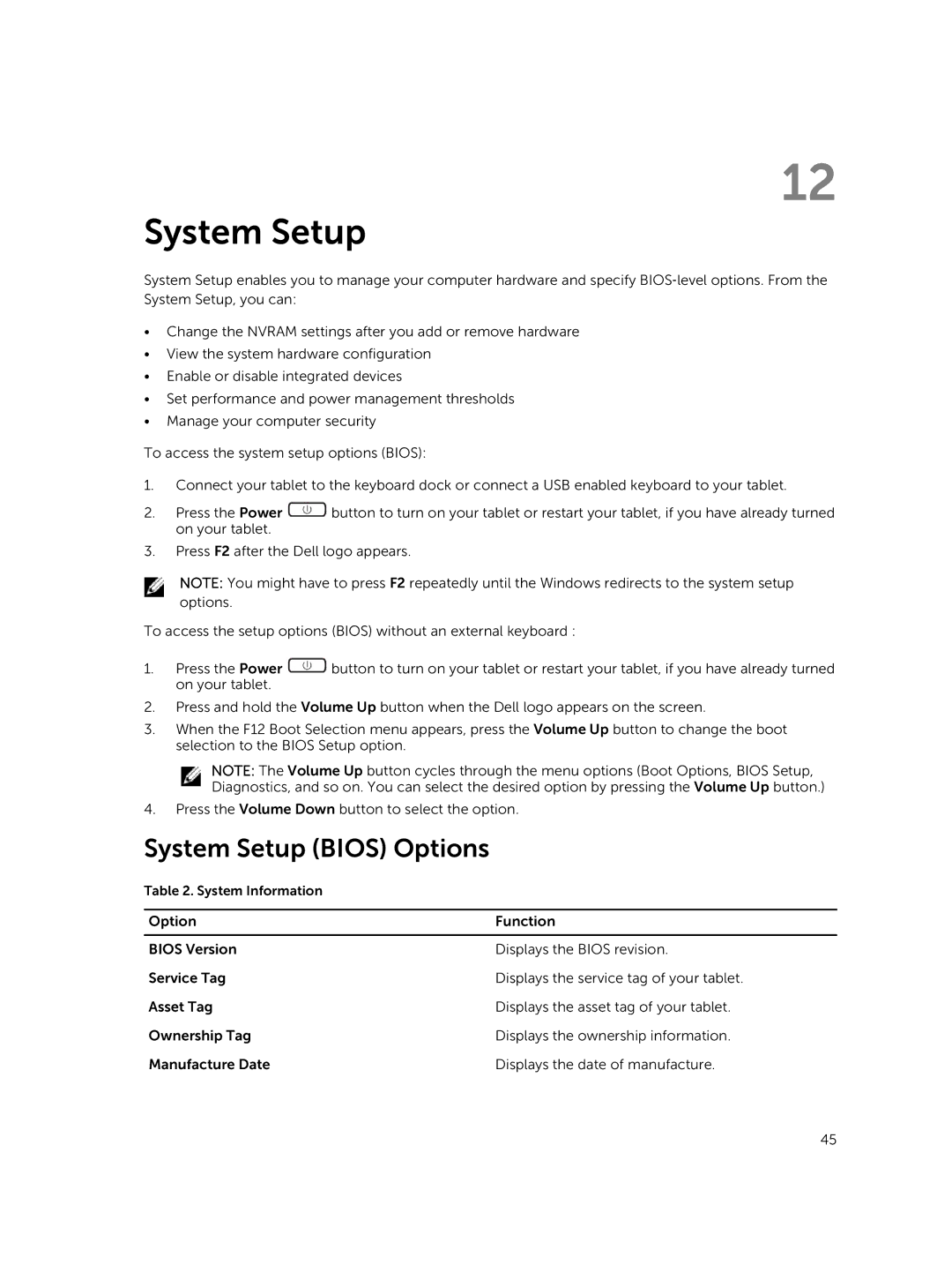 Dell PRO11I6363BLK, T07G manual System Setup Bios Options 