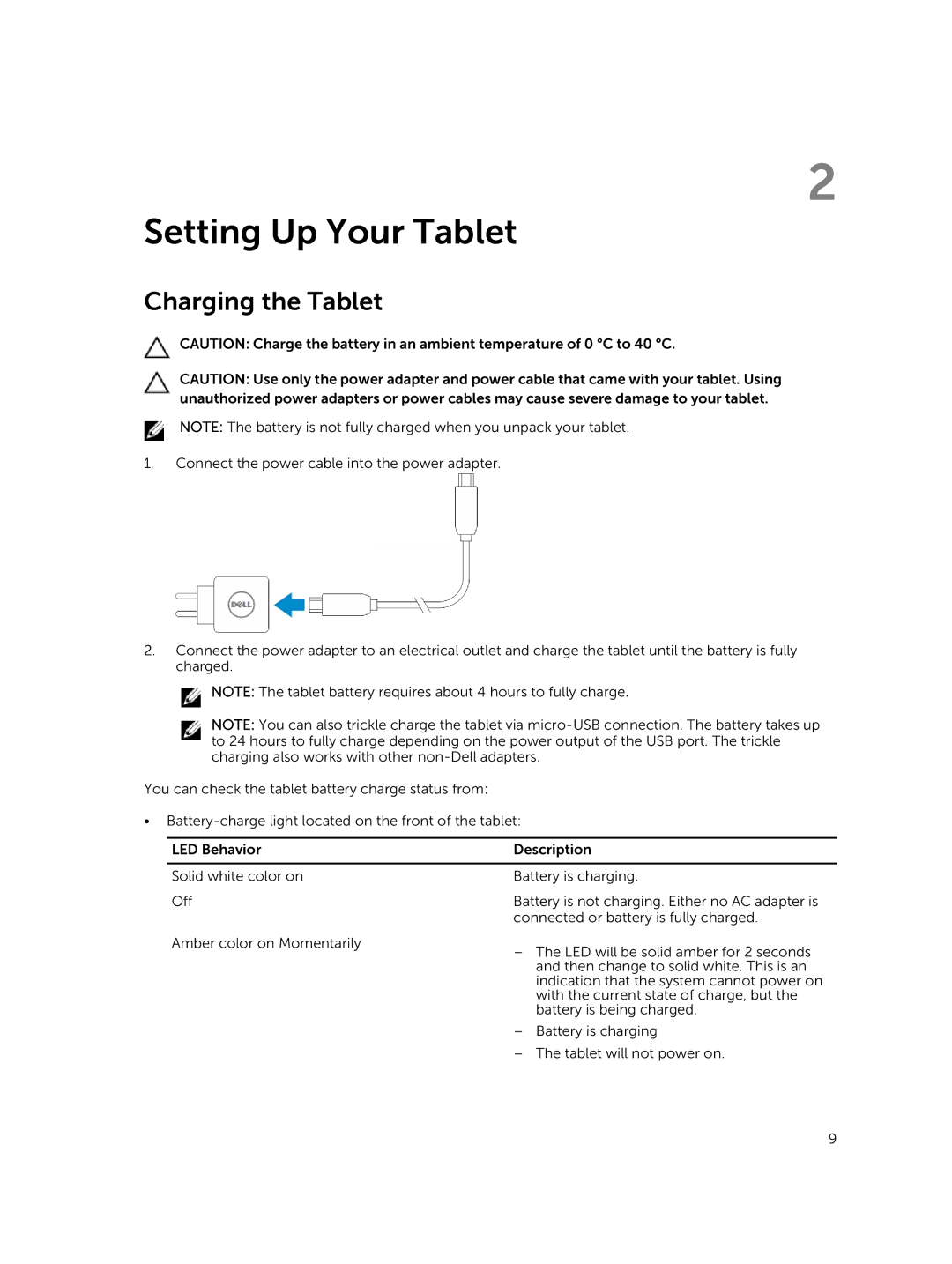 Dell PRO11I6363BLK, T07G manual Setting Up Your Tablet, Charging the Tablet 