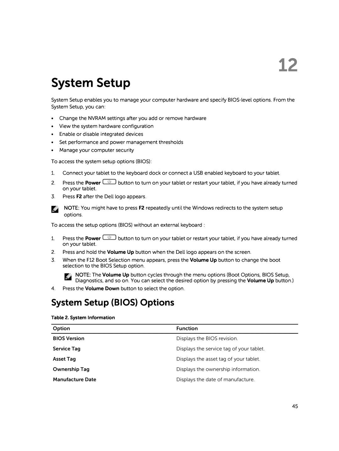 Dell PRO11I6363BLK, T07G manual System Setup BIOS Options 
