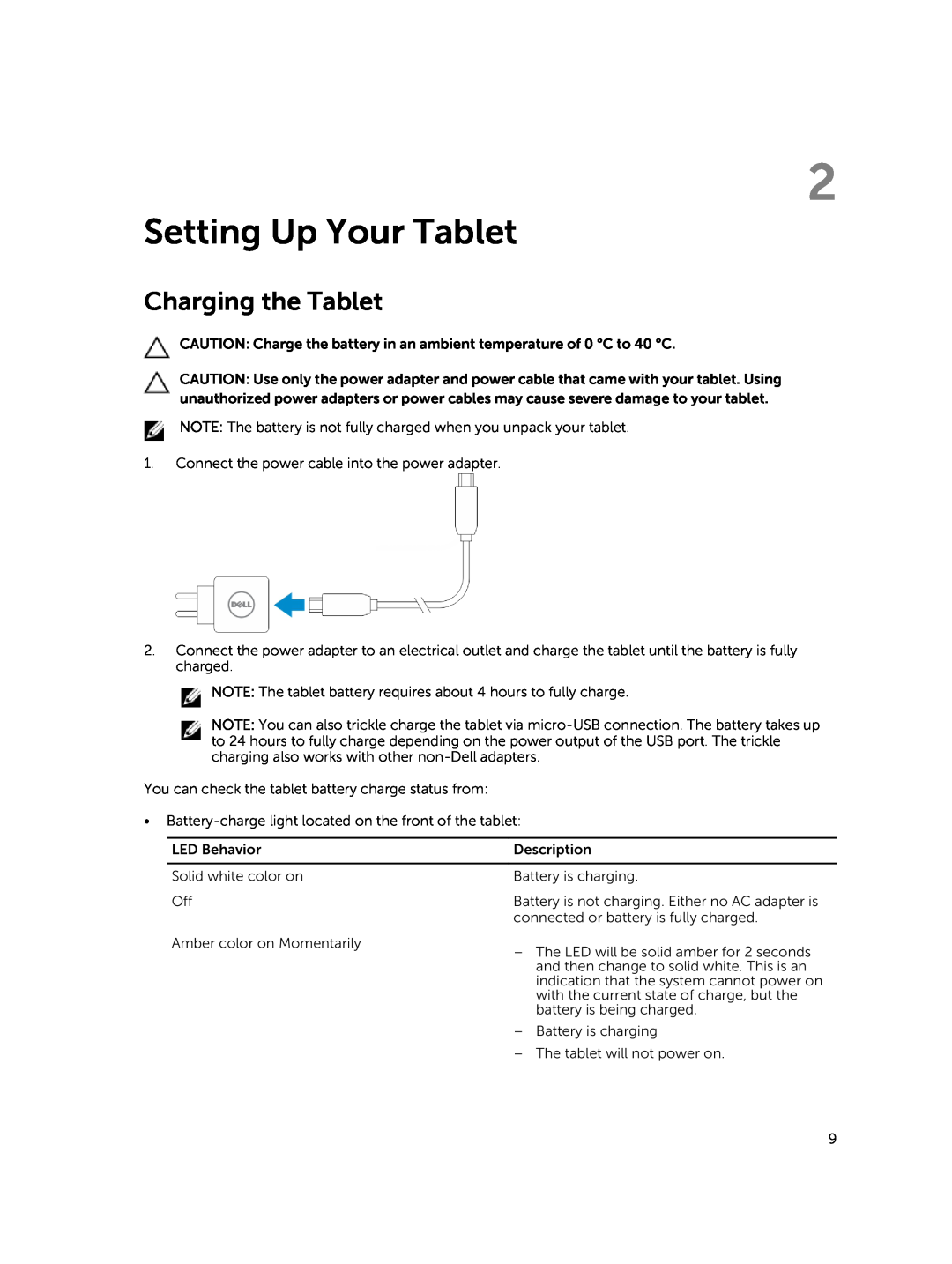 Dell PRO11I6363BLK, T07G manual Setting Up Your Tablet, Charging the Tablet 
