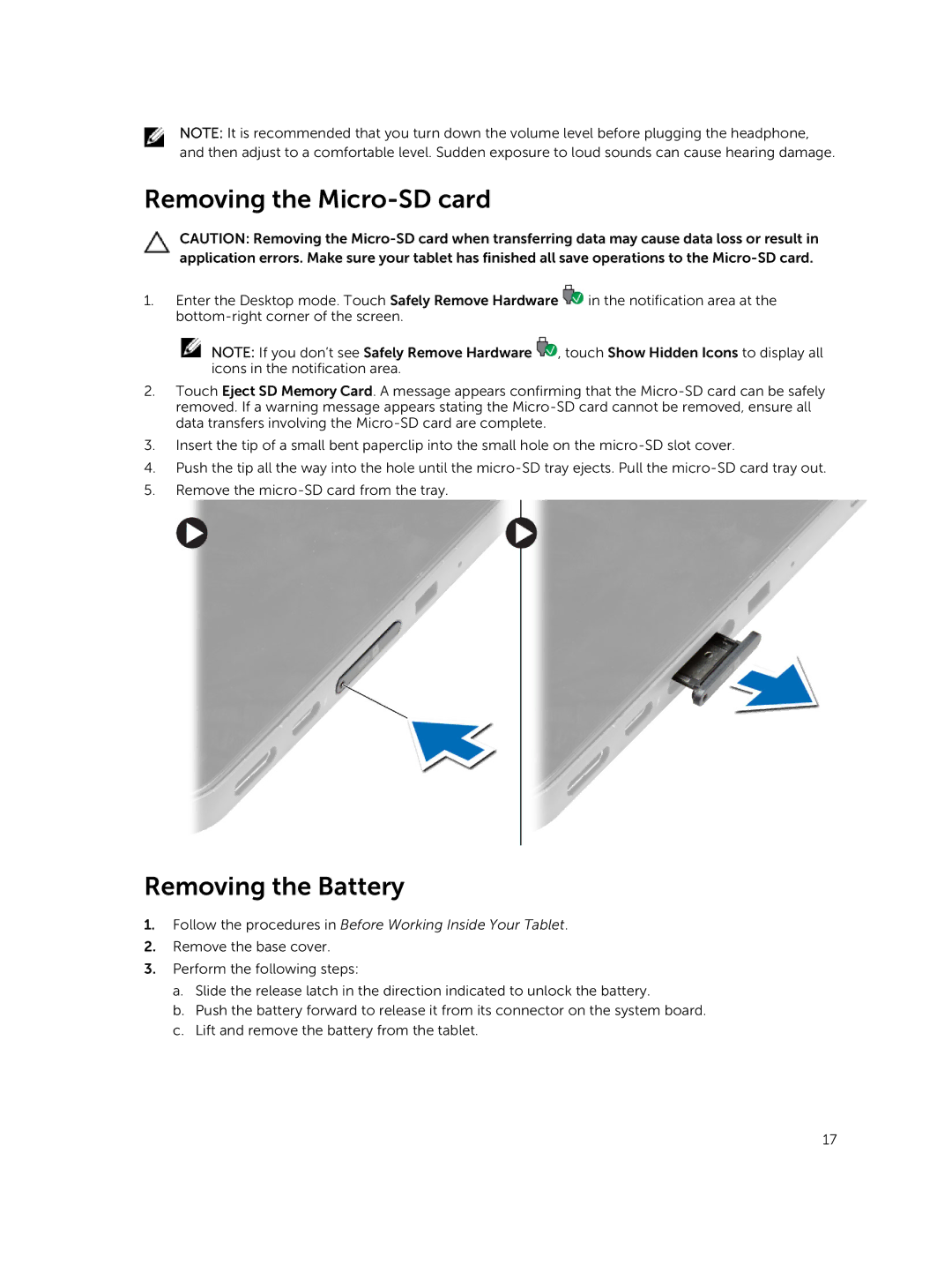 Dell T07G manual Removing the Micro-SD card, Removing the Battery 