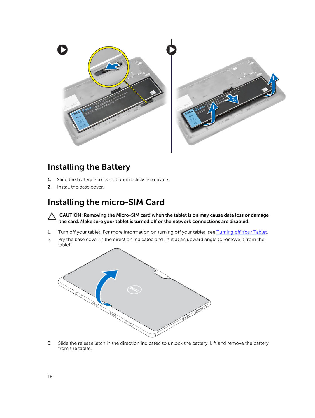 Dell T07G manual Installing the Battery, Installing the micro-SIM Card 