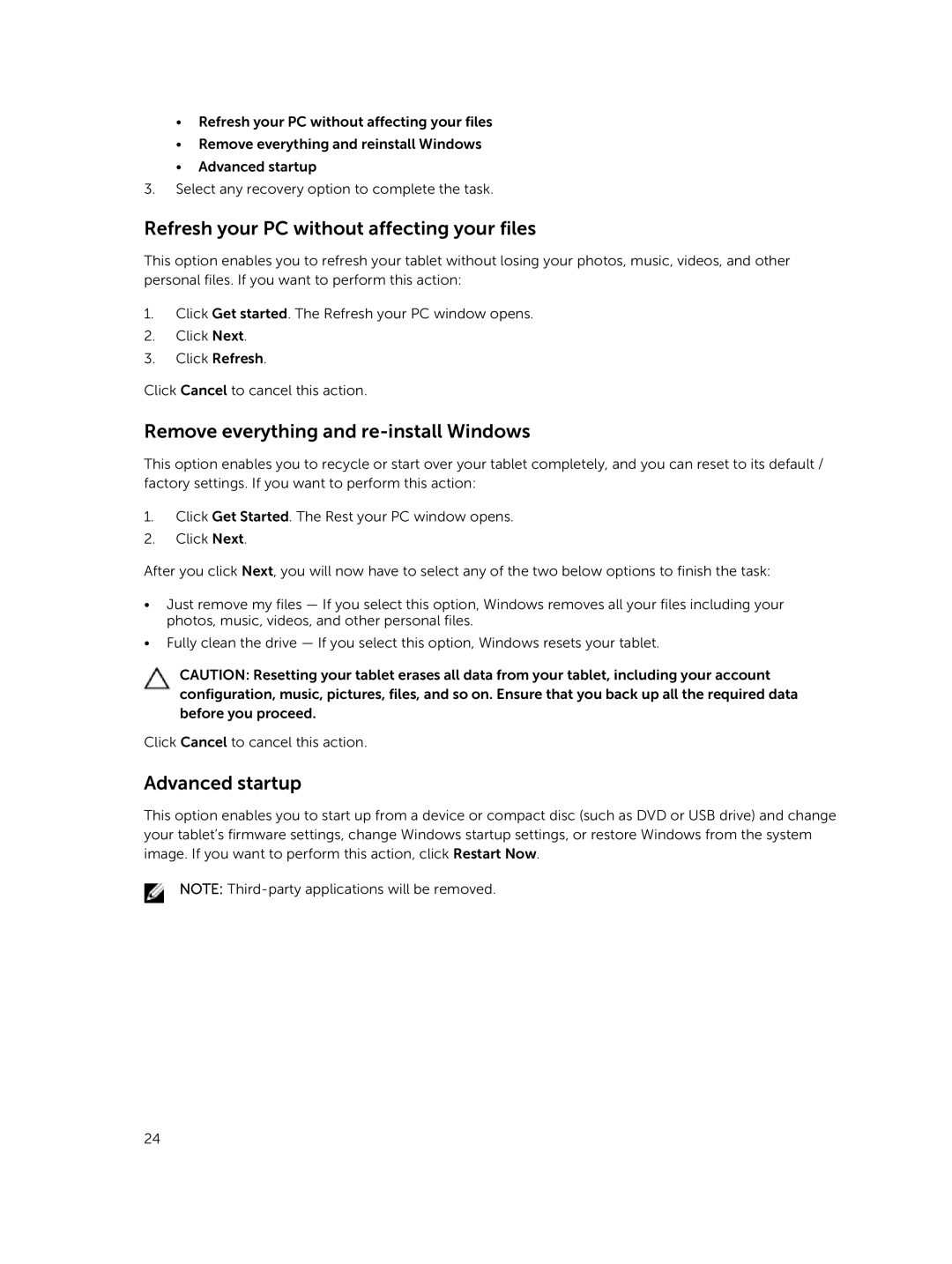Dell T07G manual Refresh your PC without affecting your files, Remove everything and re-install Windows, Advanced startup 