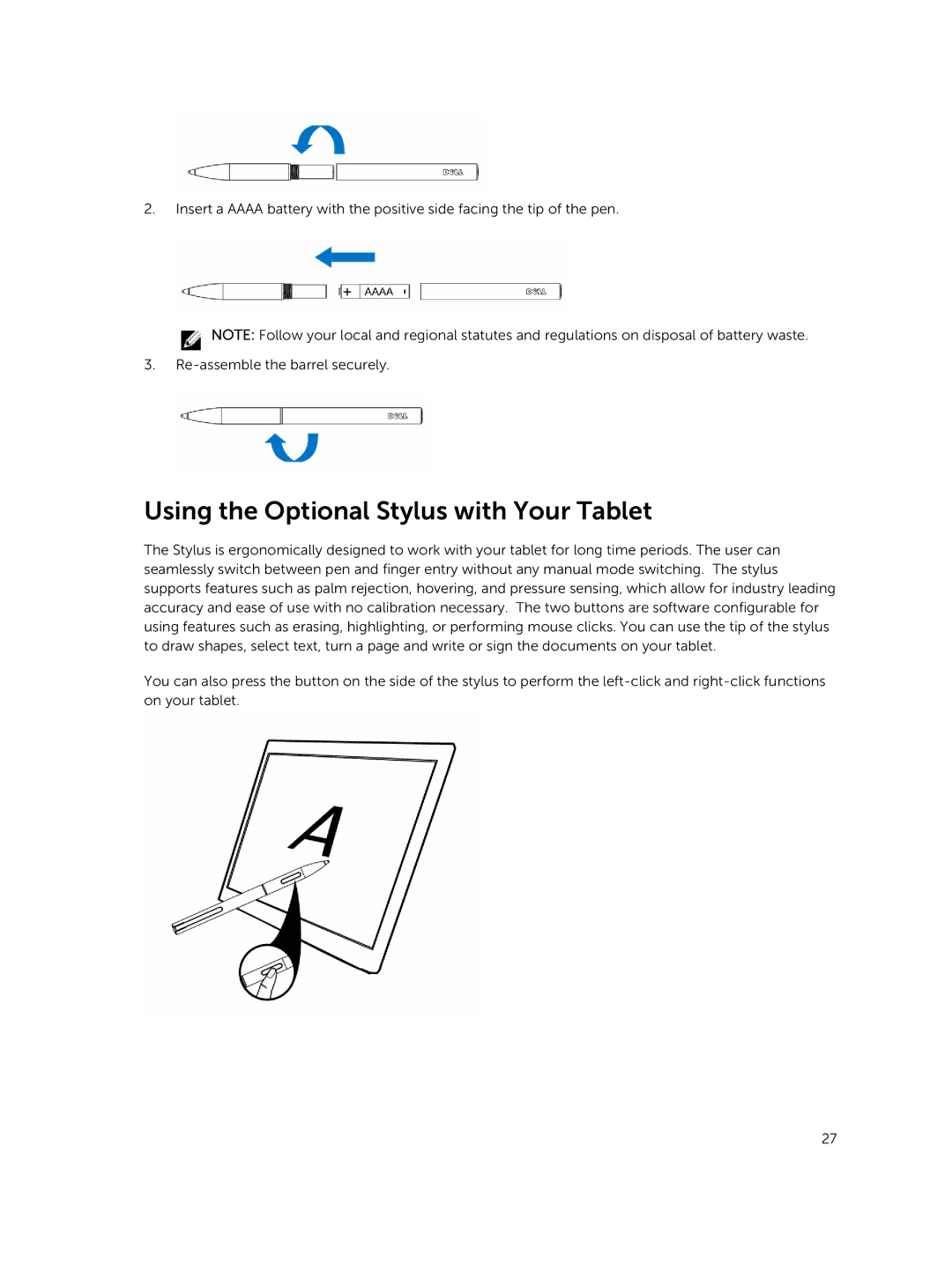 Dell T07G manual Using the Optional Stylus with Your Tablet 