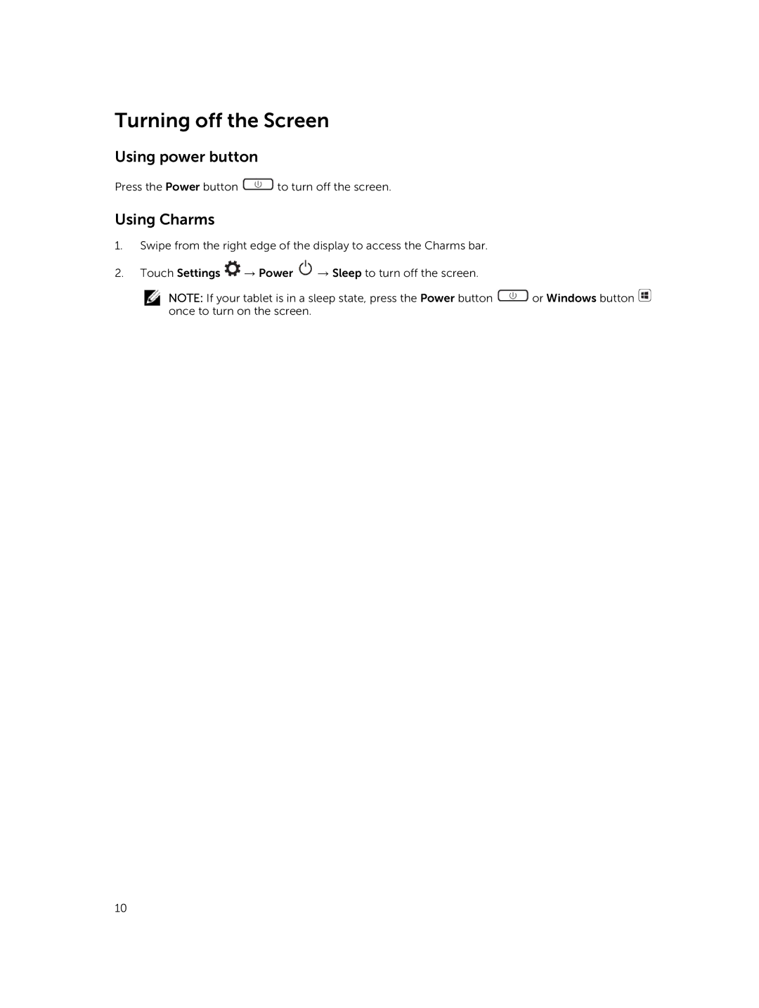 Dell T07G manual Turning off the Screen, Using power button, Using Charms 