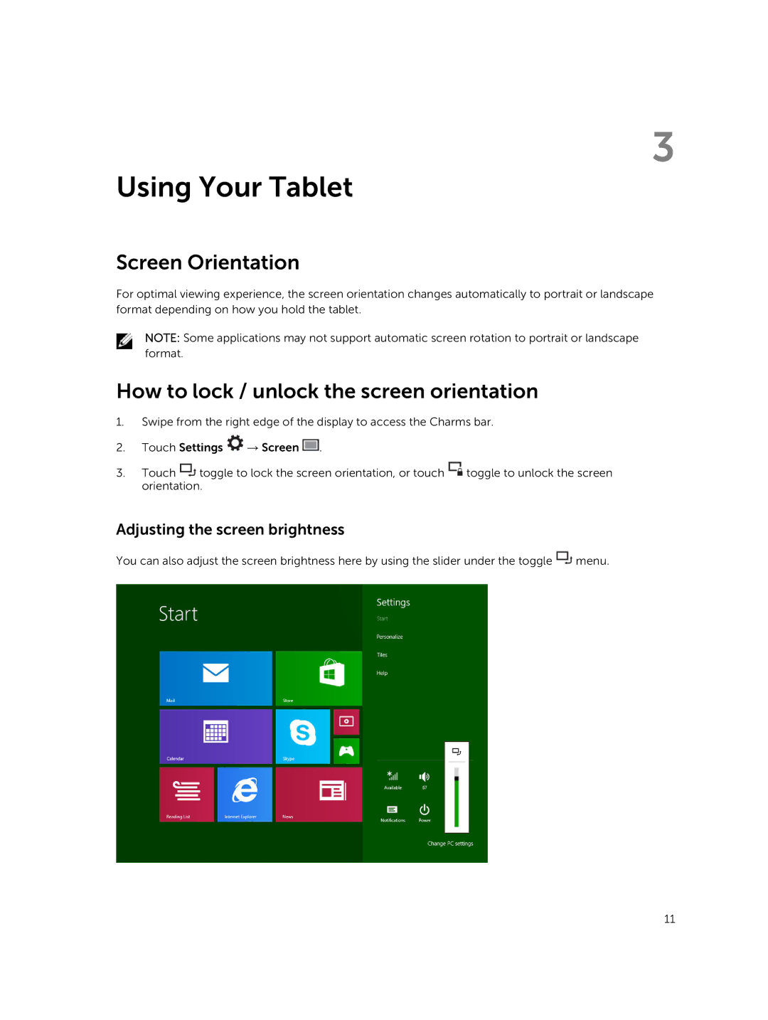 Dell T07G manual Using Your Tablet, Screen Orientation, How to lock / unlock the screen orientation 