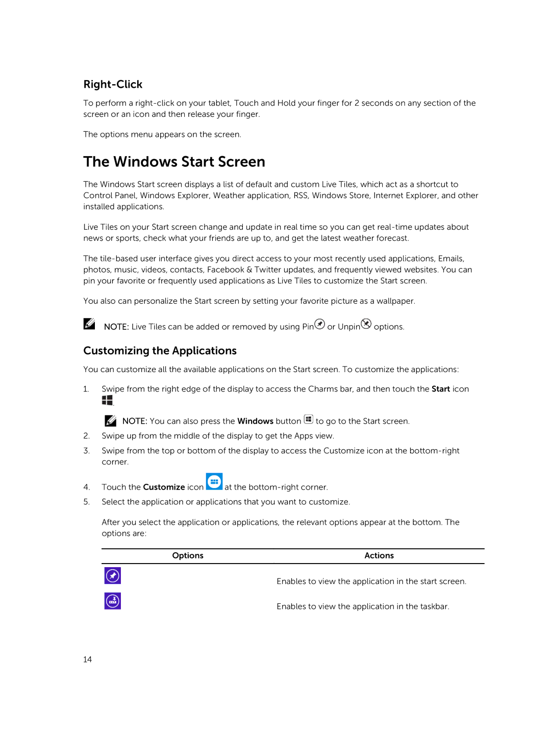 Dell T07G manual Windows Start Screen, Right-Click, Customizing the Applications 