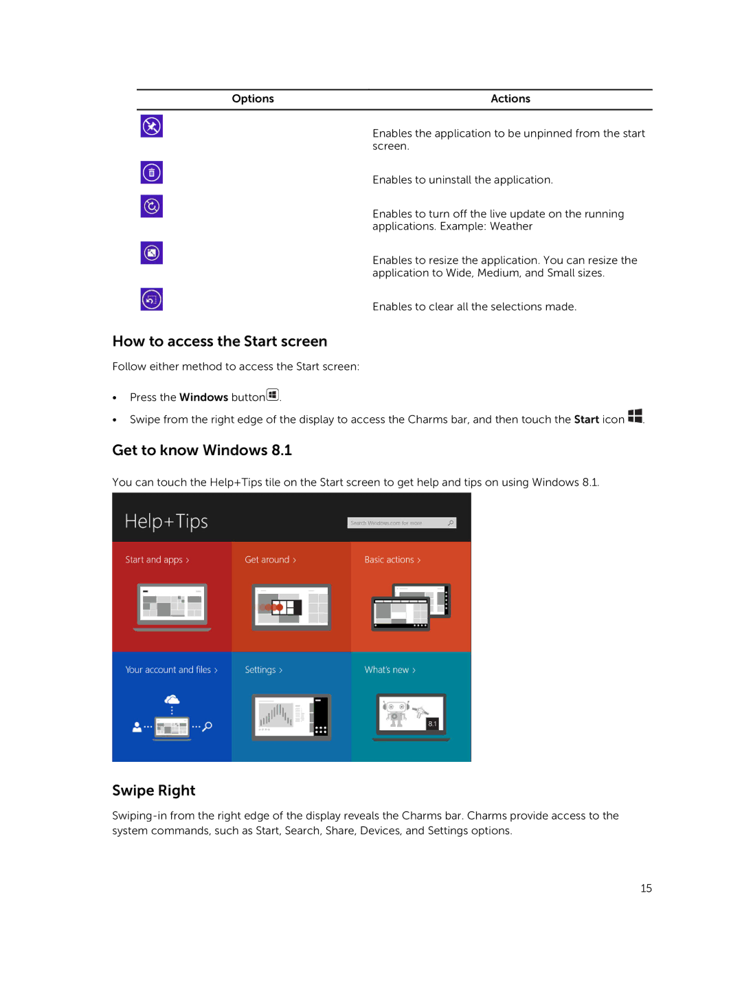 Dell T07G manual How to access the Start screen, Get to know Windows, Swipe Right 