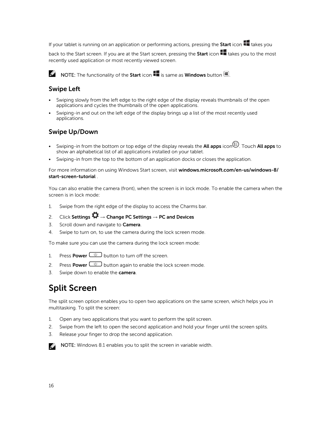 Dell T07G manual Split Screen, Swipe Left, Swipe Up/Down 