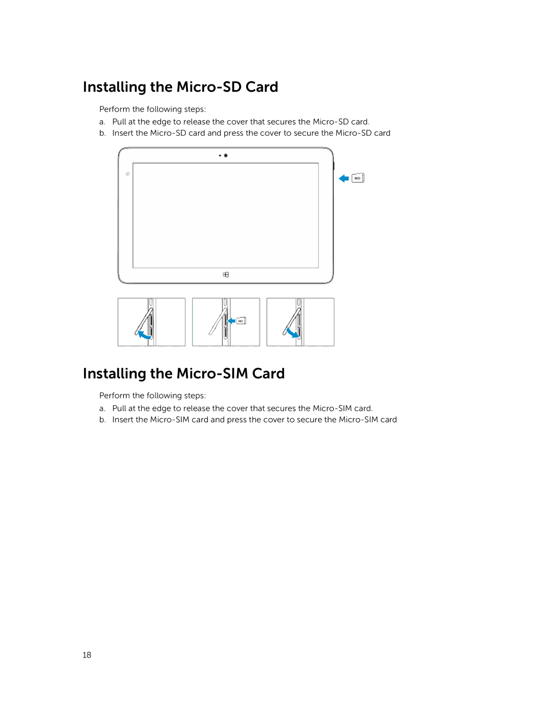 Dell T07G manual Installing the Micro-SD Card, Installing the Micro-SIM Card 