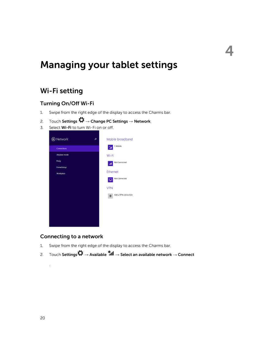 Dell T07G manual Managing your tablet settings, Wi-Fi setting, Turning On/Off Wi-Fi, Connecting to a network 