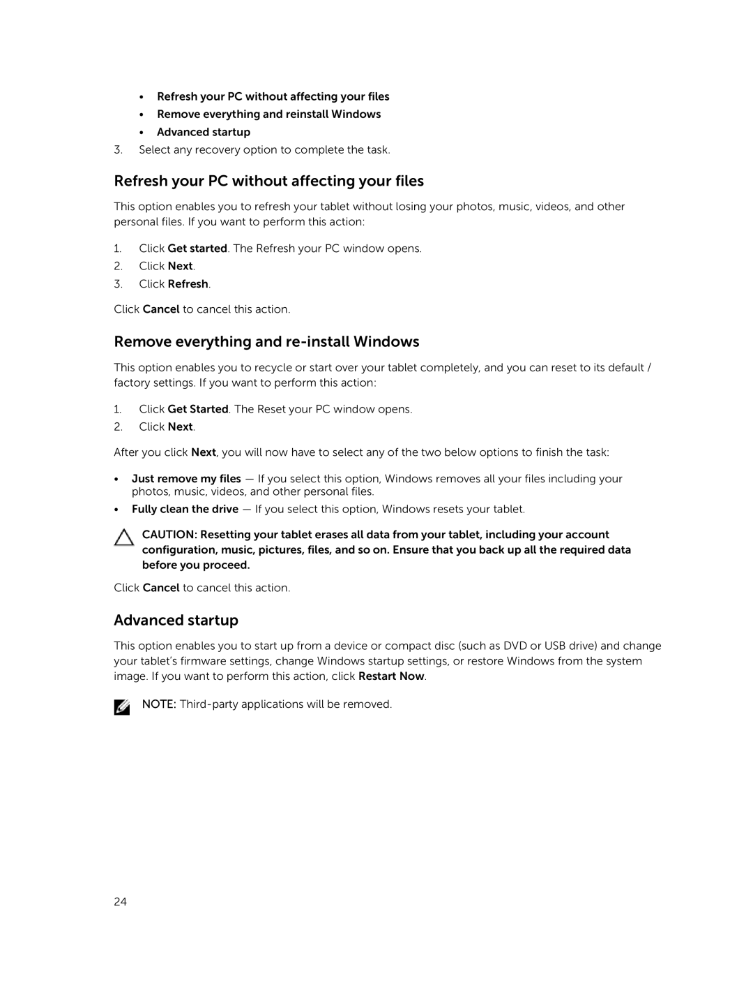 Dell T07G manual Refresh your PC without affecting your files, Remove everything and re-install Windows, Advanced startup 