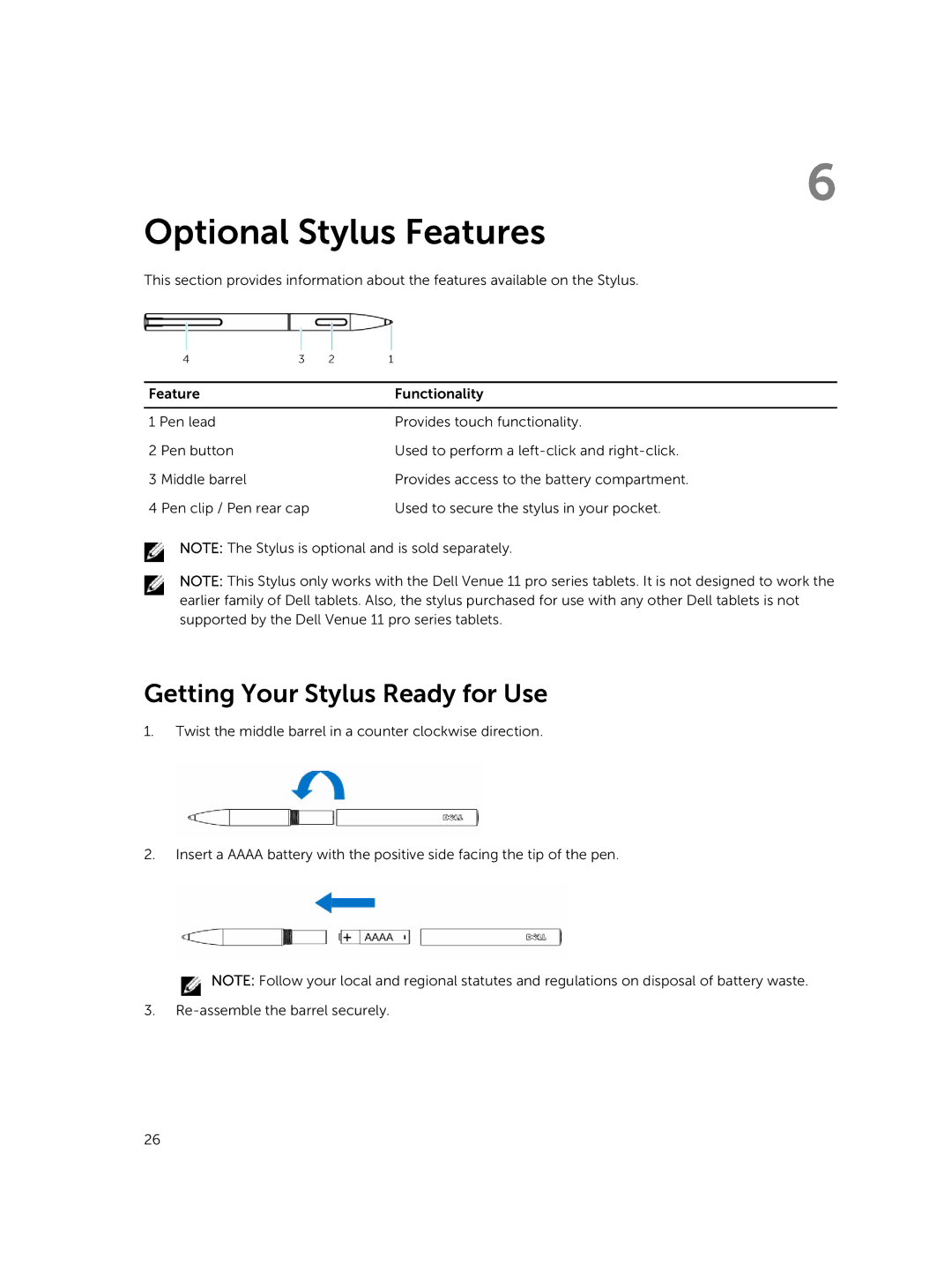 Dell T07G manual Optional Stylus Features, Getting Your Stylus Ready for Use 