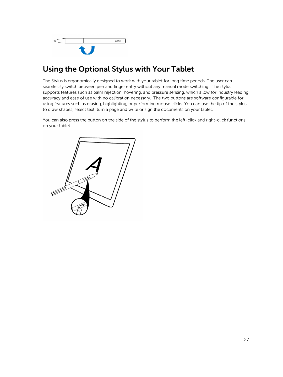 Dell T07G manual Using the Optional Stylus with Your Tablet 