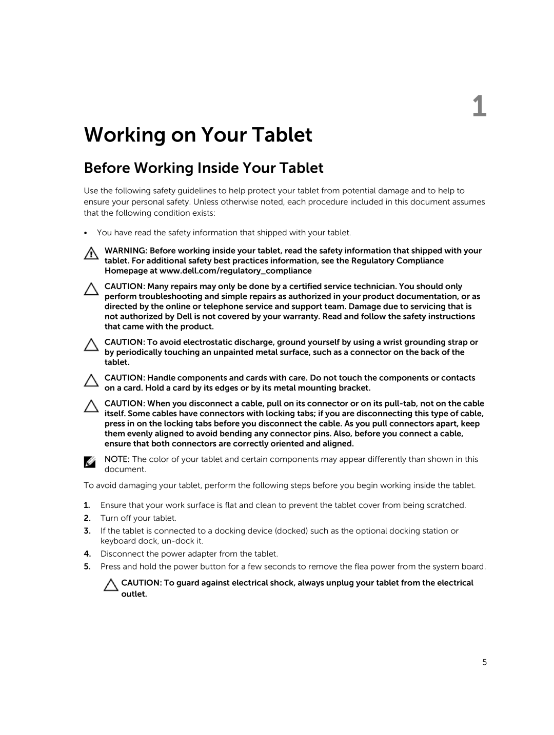 Dell T07G manual Working on Your Tablet, Before Working Inside Your Tablet 