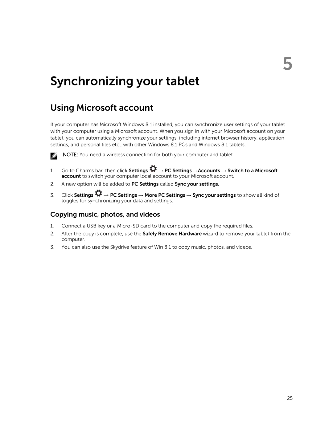 Dell T07G manual Synchronizing your tablet, Using Microsoft account, Copying music, photos, and videos 