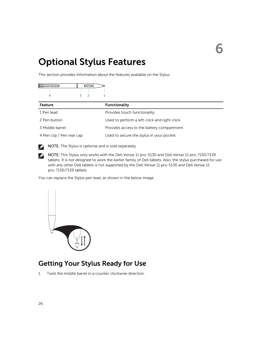 Dell T07G manual Optional Stylus Features, Getting Your Stylus Ready for Use 