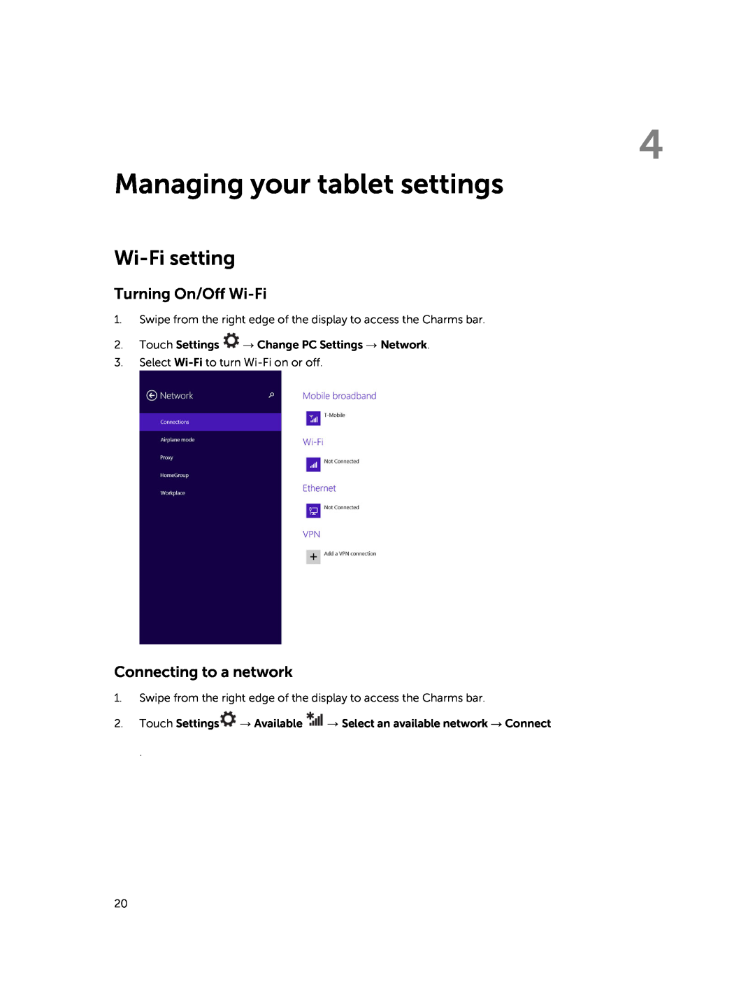 Dell T07G manual Managing your tablet settings, Wi-Fi setting 