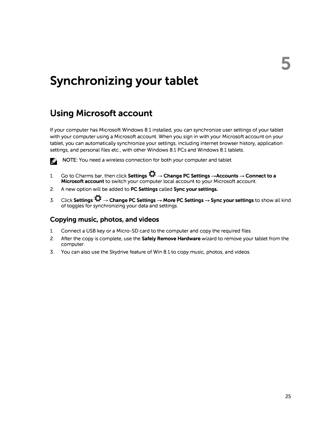 Dell T07G manual Synchronizing your tablet, Using Microsoft account 