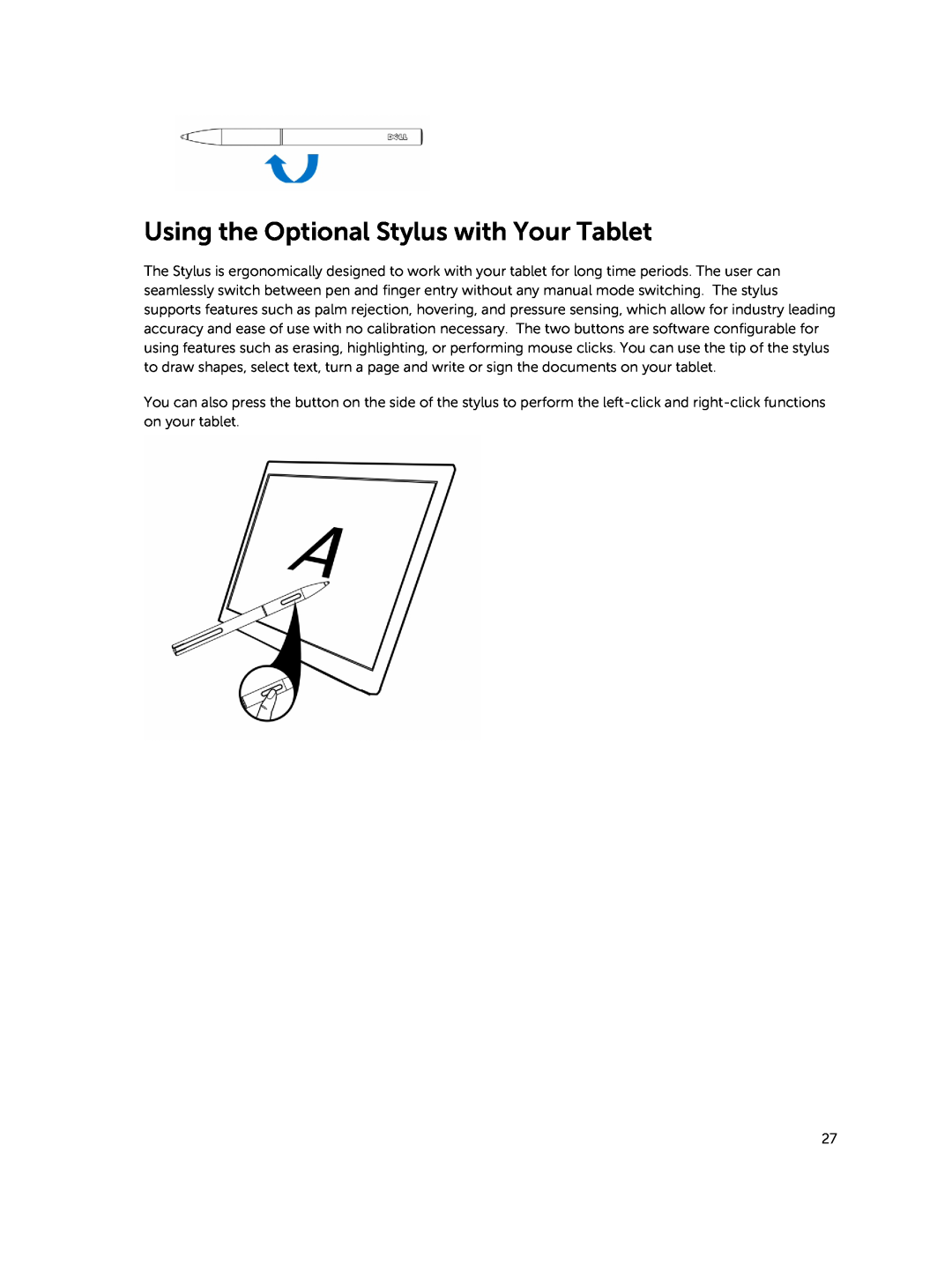 Dell T07G manual Using the Optional Stylus with Your Tablet 