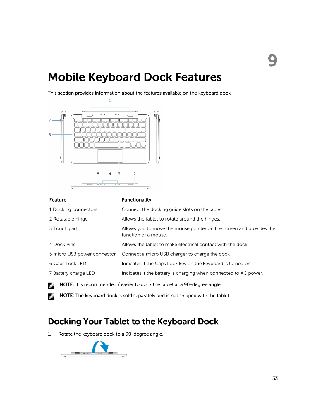 Dell T07G manual Mobile Keyboard Dock Features, Docking Your Tablet to the Keyboard Dock 