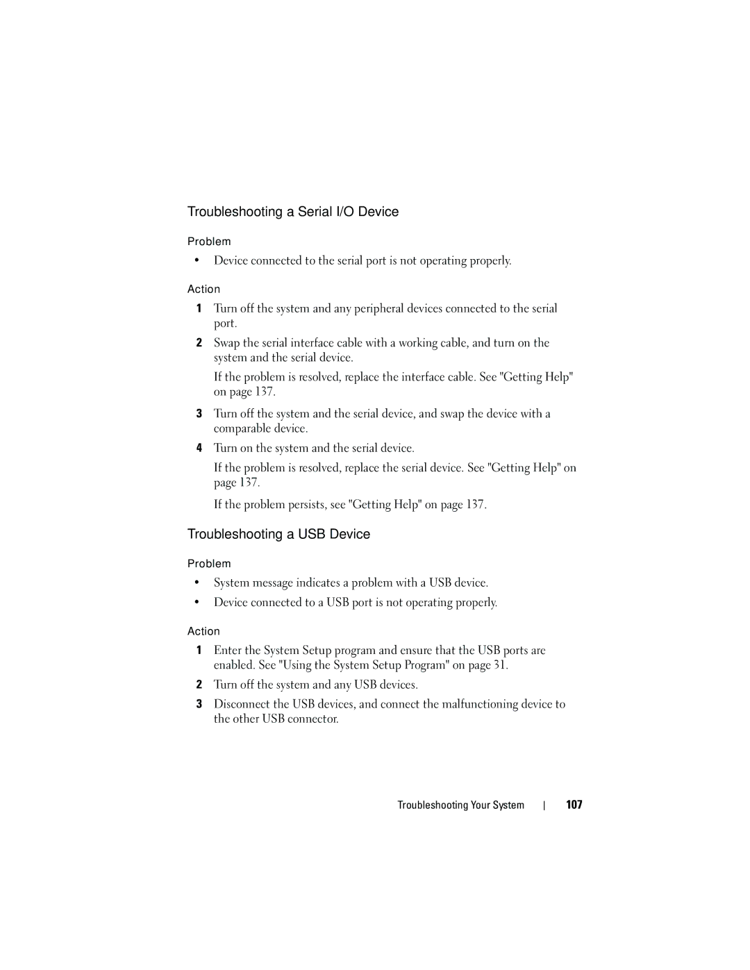 Dell T105 Systems owner manual Troubleshooting a Serial I/O Device, Troubleshooting a USB Device, 107 