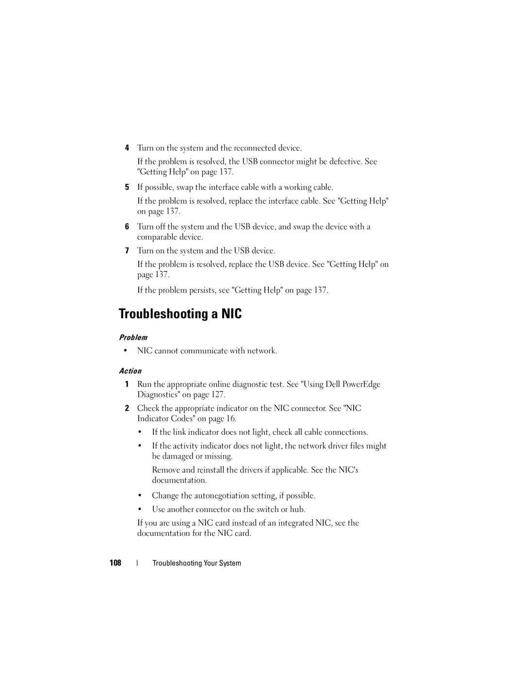 Dell T105 Systems owner manual Troubleshooting a NIC, NIC cannot communicate with network 