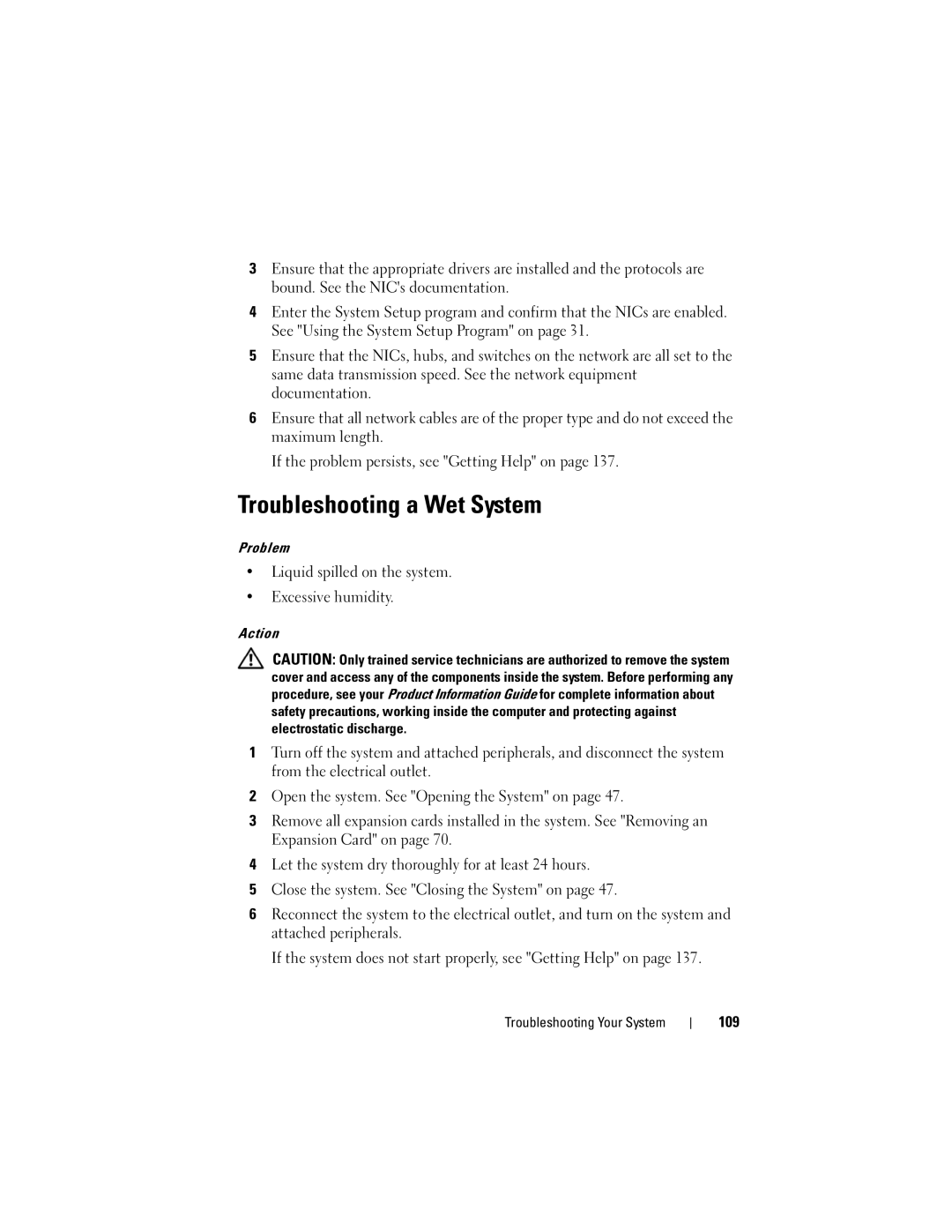 Dell T105 Systems owner manual Troubleshooting a Wet System, Liquid spilled on the system Excessive humidity, 109 