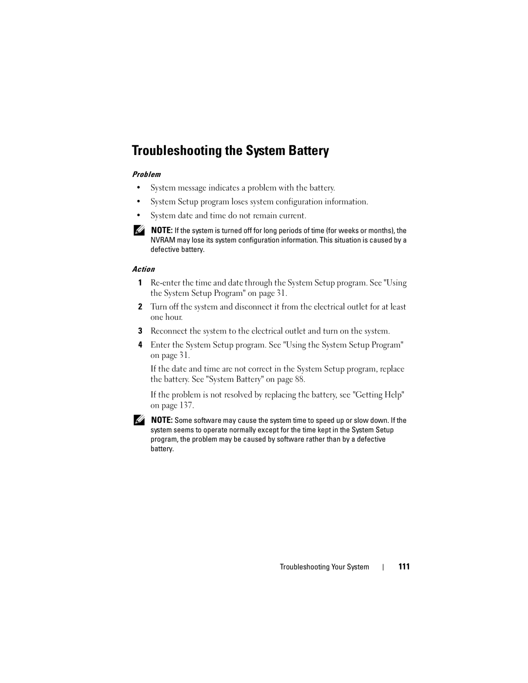 Dell T105 Systems owner manual Troubleshooting the System Battery, 111 