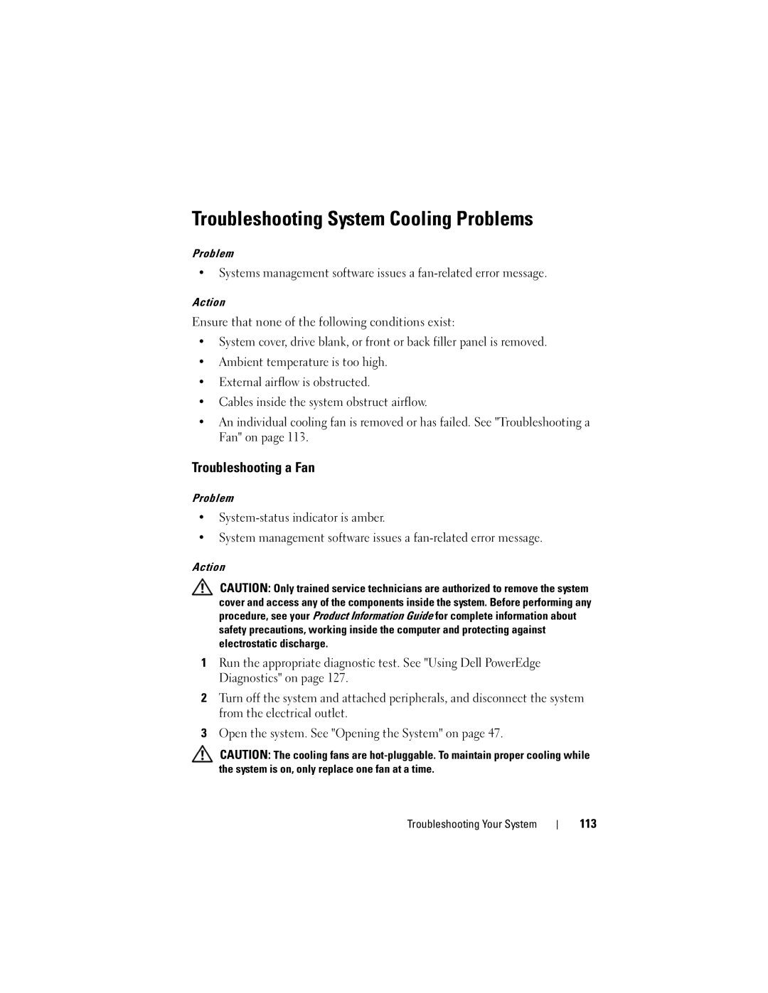 Dell T105 Systems owner manual Troubleshooting System Cooling Problems, Troubleshooting a Fan, 113 