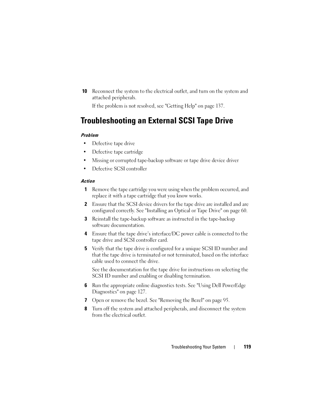 Dell T105 Systems owner manual Troubleshooting an External Scsi Tape Drive, 119 