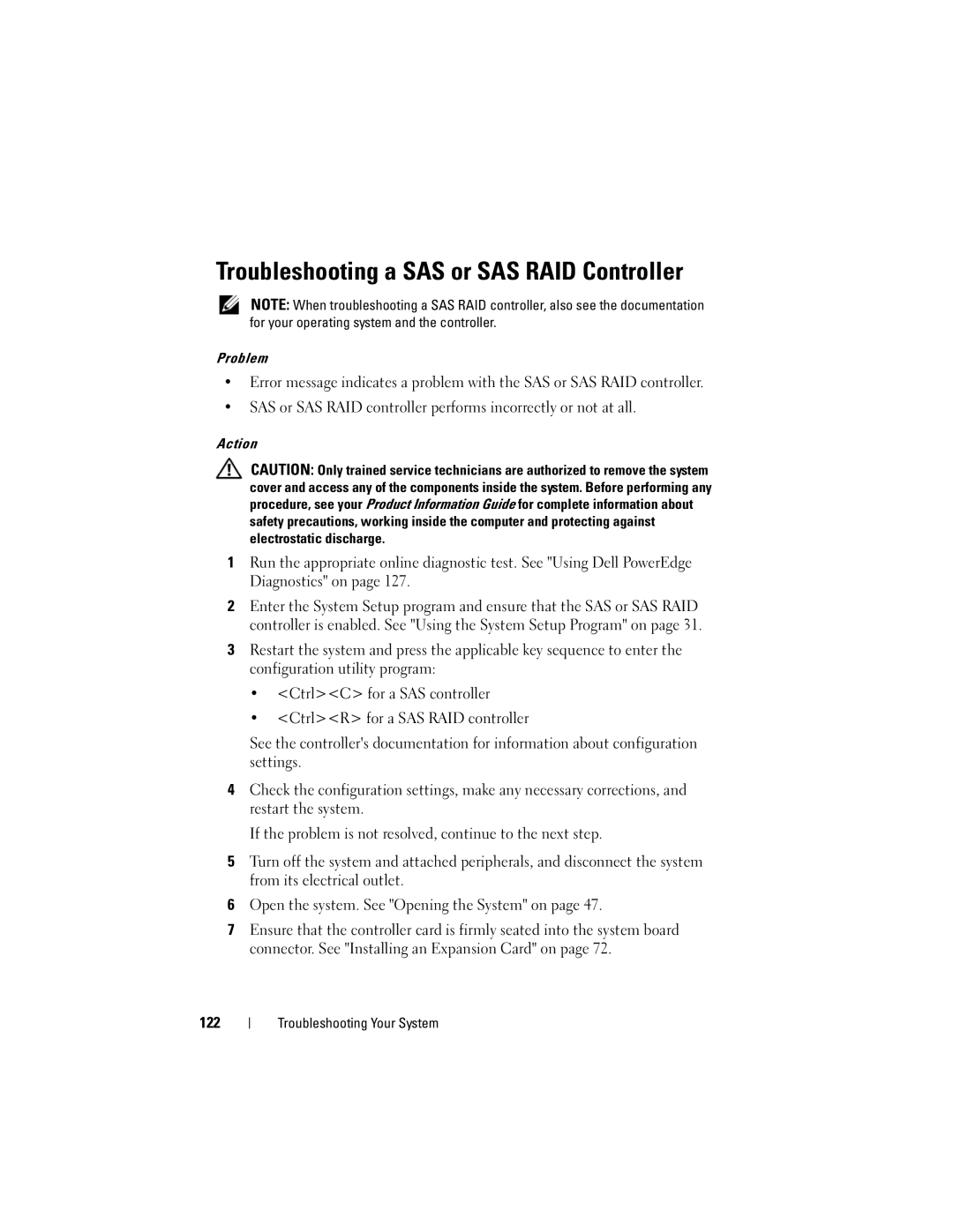 Dell T105 Systems owner manual Troubleshooting a SAS or SAS RAID Controller, 122 