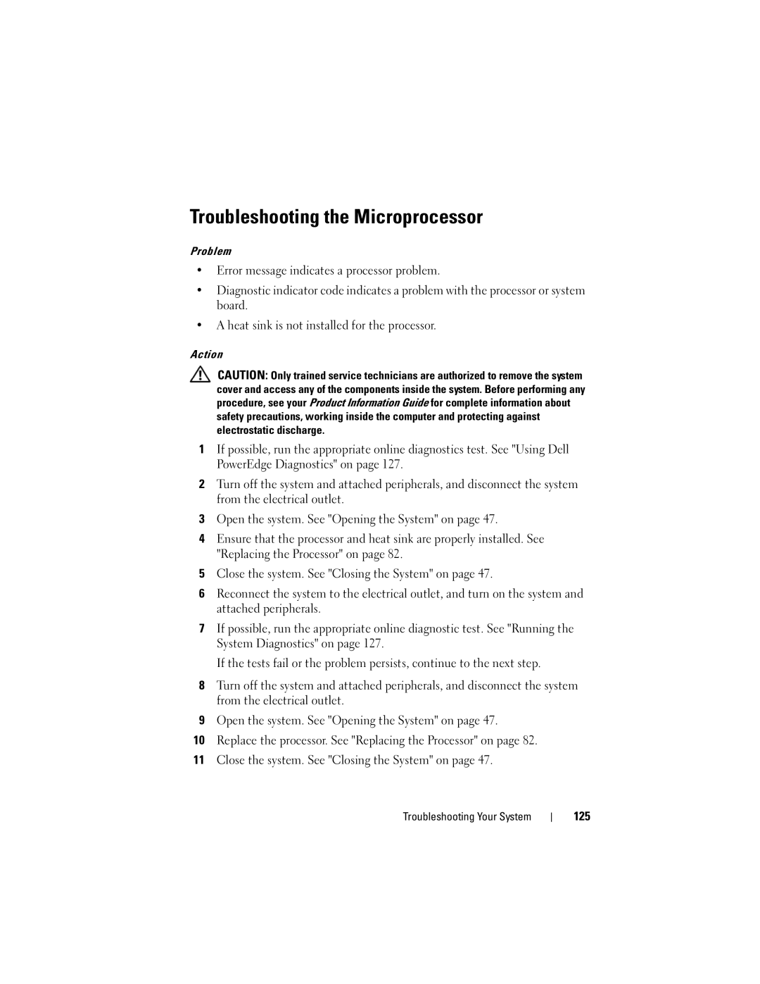 Dell T105 Systems owner manual Troubleshooting the Microprocessor, 125 