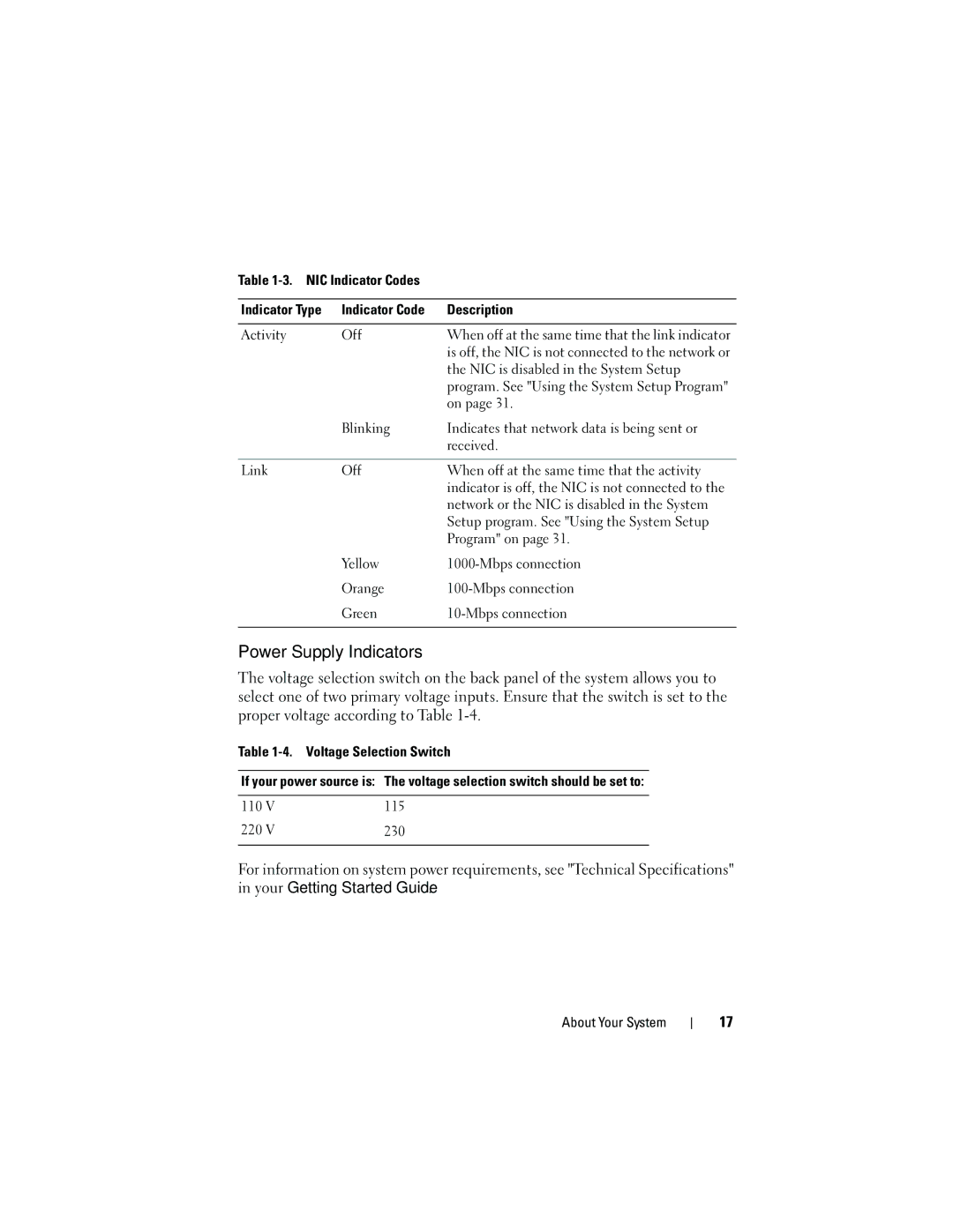 Dell T105 Systems owner manual Power Supply Indicators, NIC Indicator Codes Indicator Type Description Activity Off 