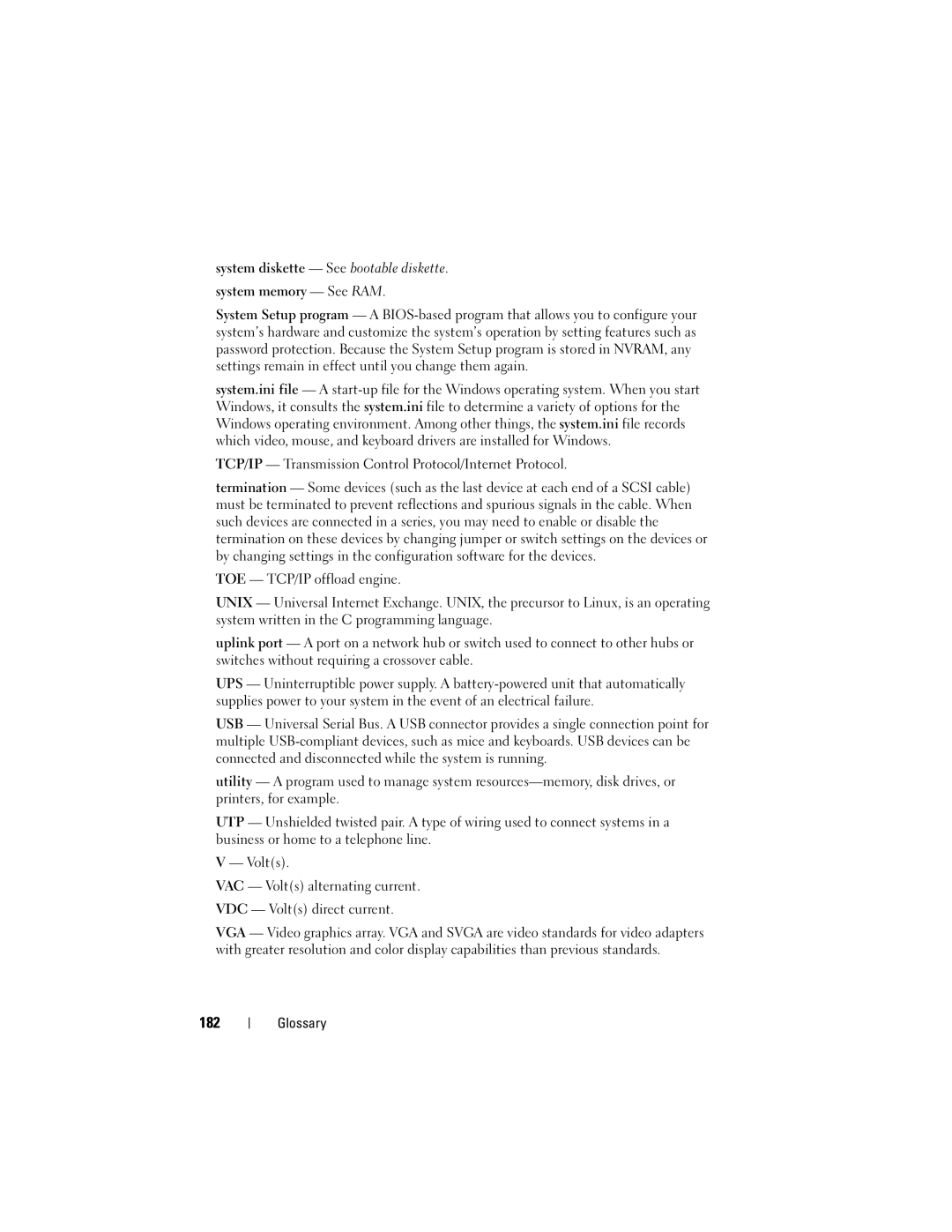 Dell T105 Systems 182, System diskette See bootable diskette, TCP/IP Transmission Control Protocol/Internet Protocol 