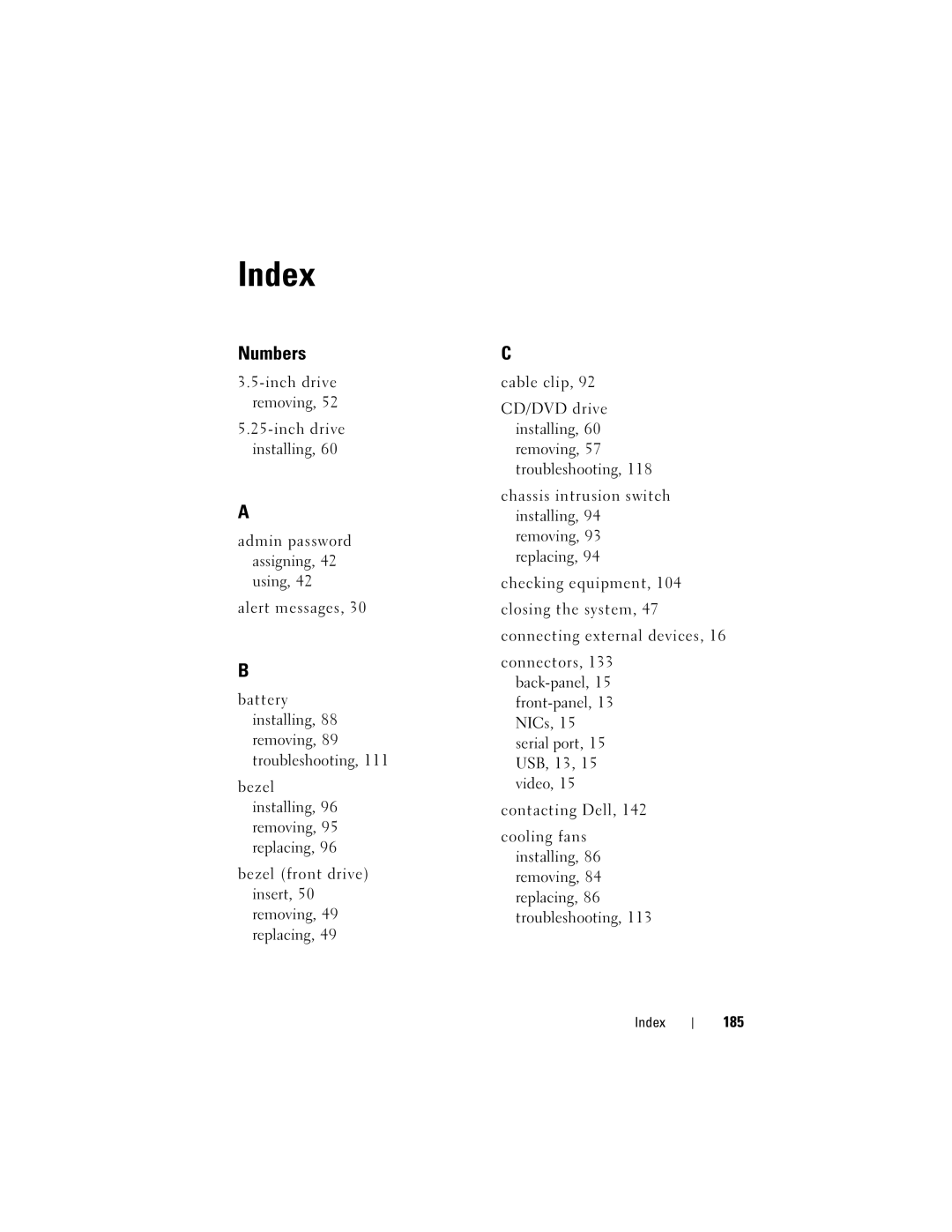 Dell T105 Systems owner manual 185, Index 